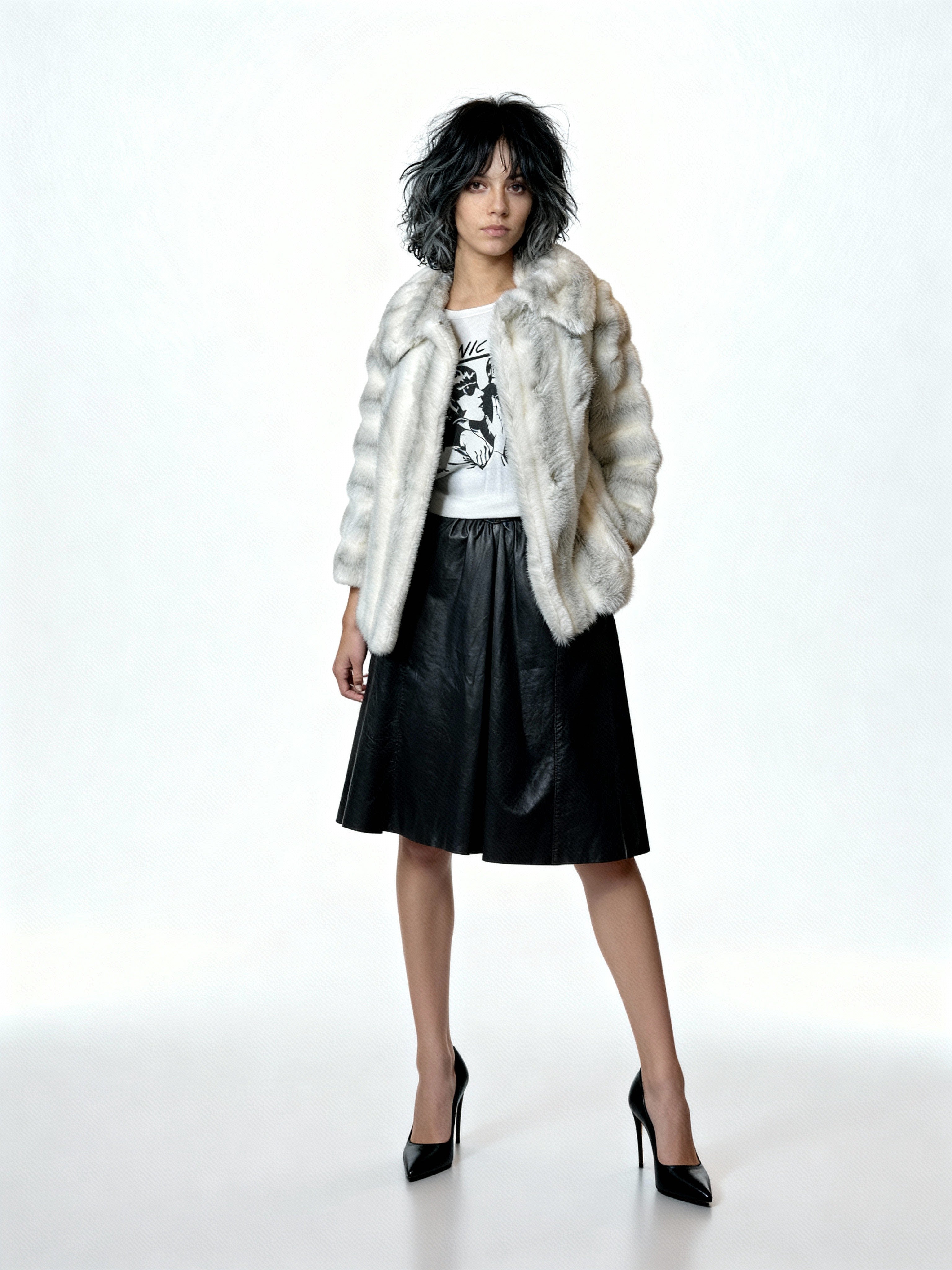 Original 1970's Vintage White & Grey Faux Fur Coat UK 8 - 12