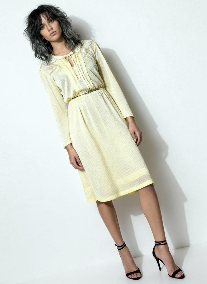Vintage 1970's Super Cute Yellow Dress With Lace UK 12