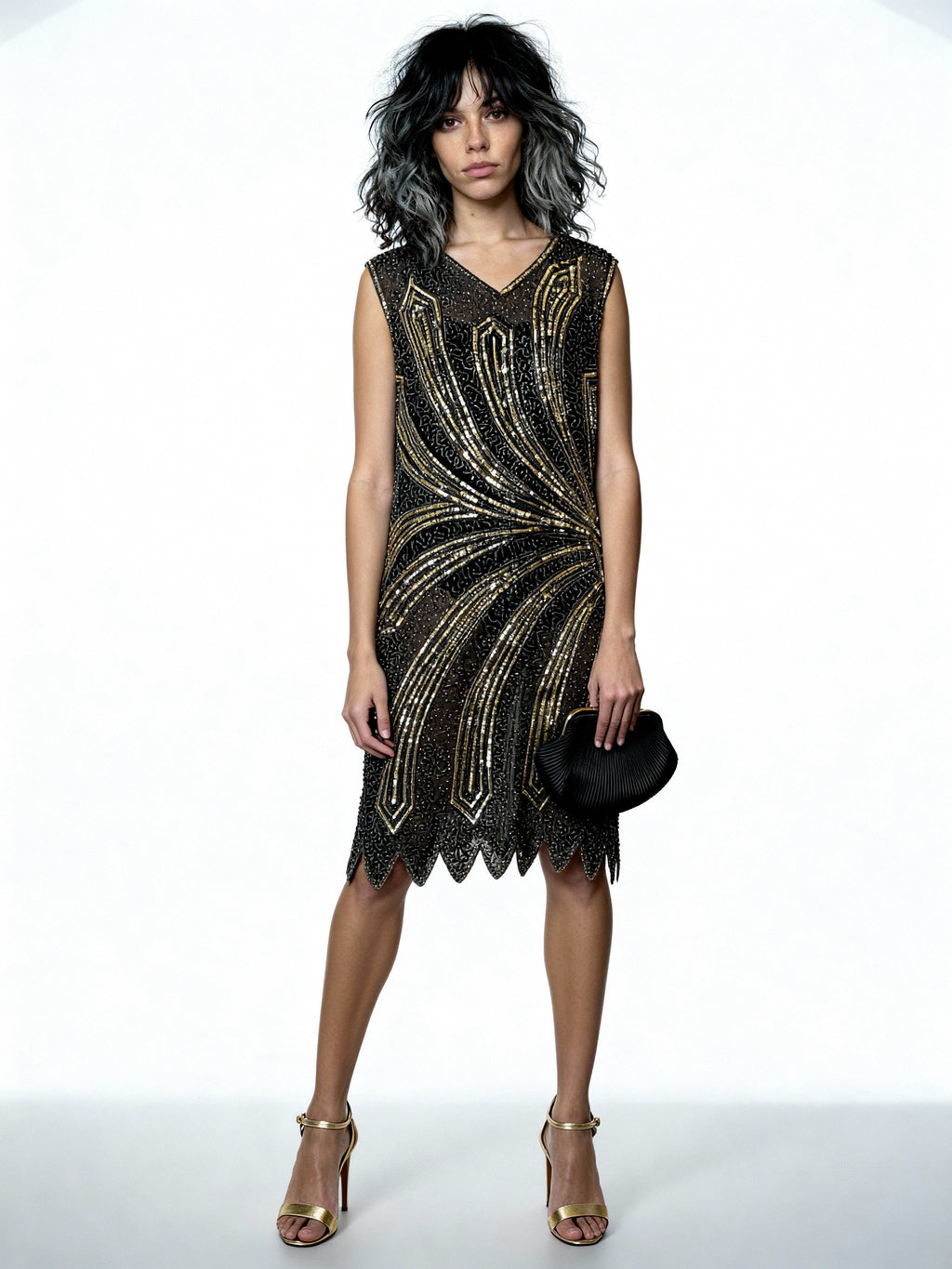 Vintage Black & Silver Sequin Flapper Dress Uk 10 - 12