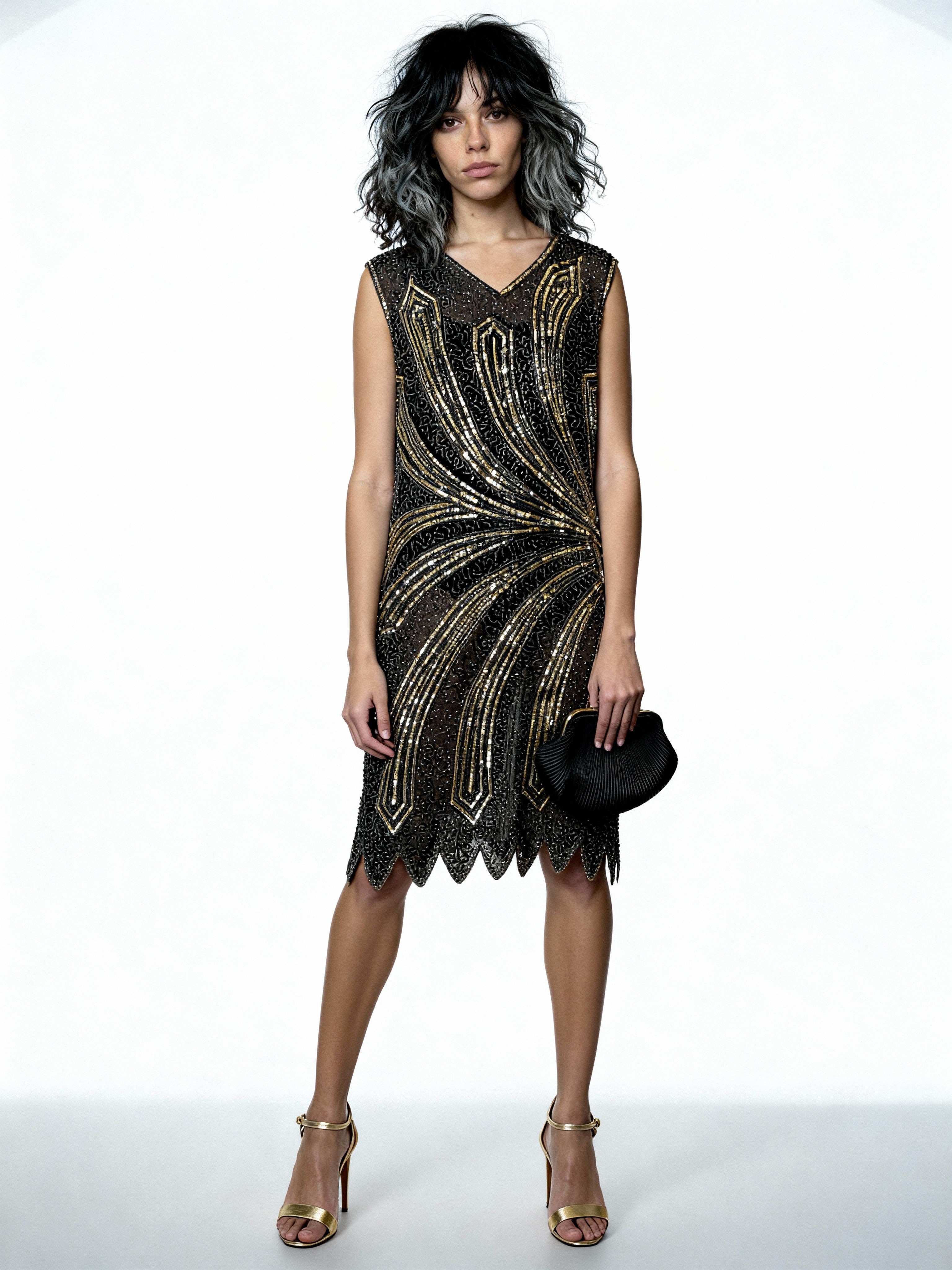 Vintage Black & Silver Sequin Flapper Dress Uk 10 - 12