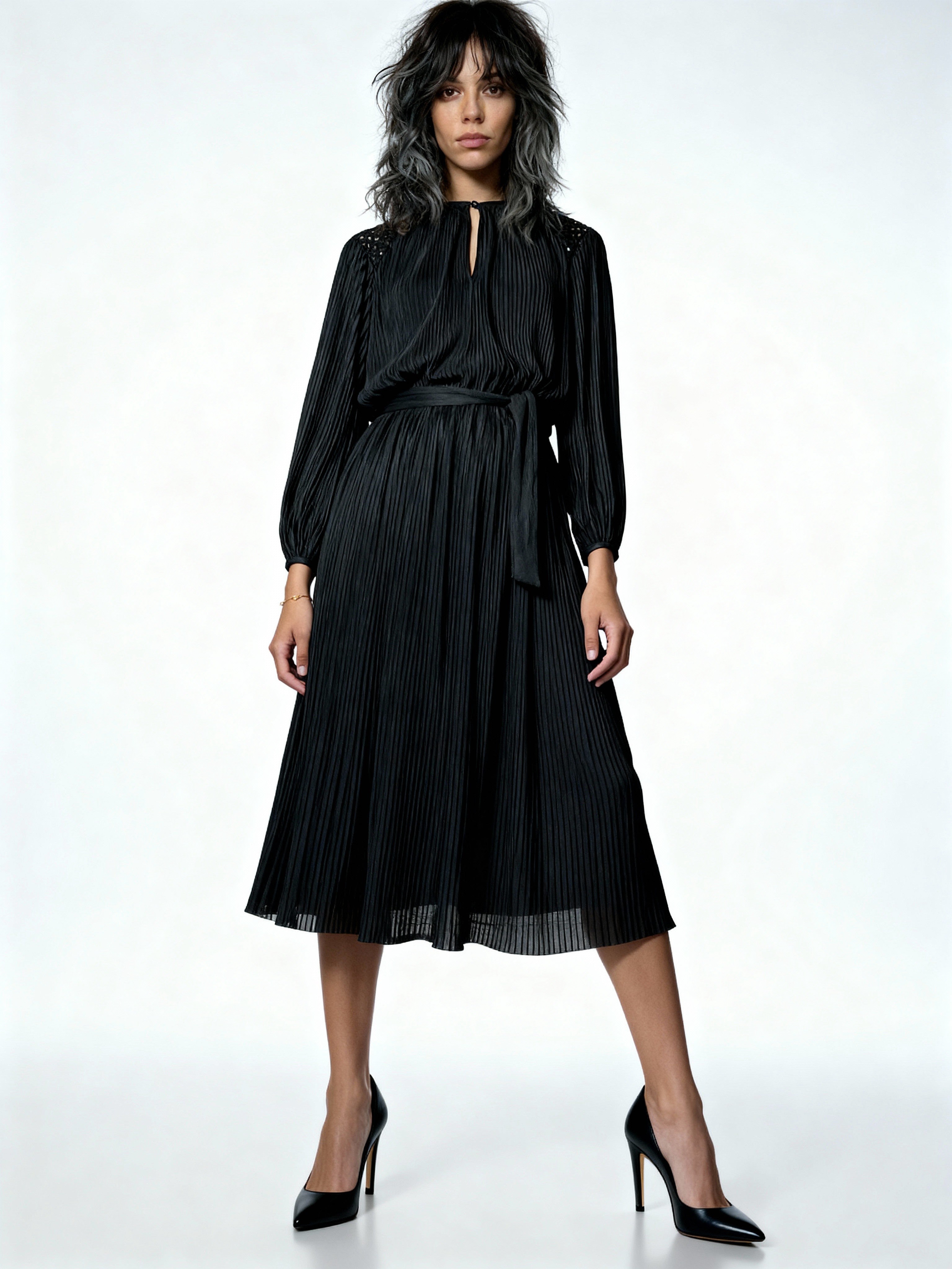 1970'S Vintage Original Black Pleated Long Sleeved Dress Uk 10 - 12