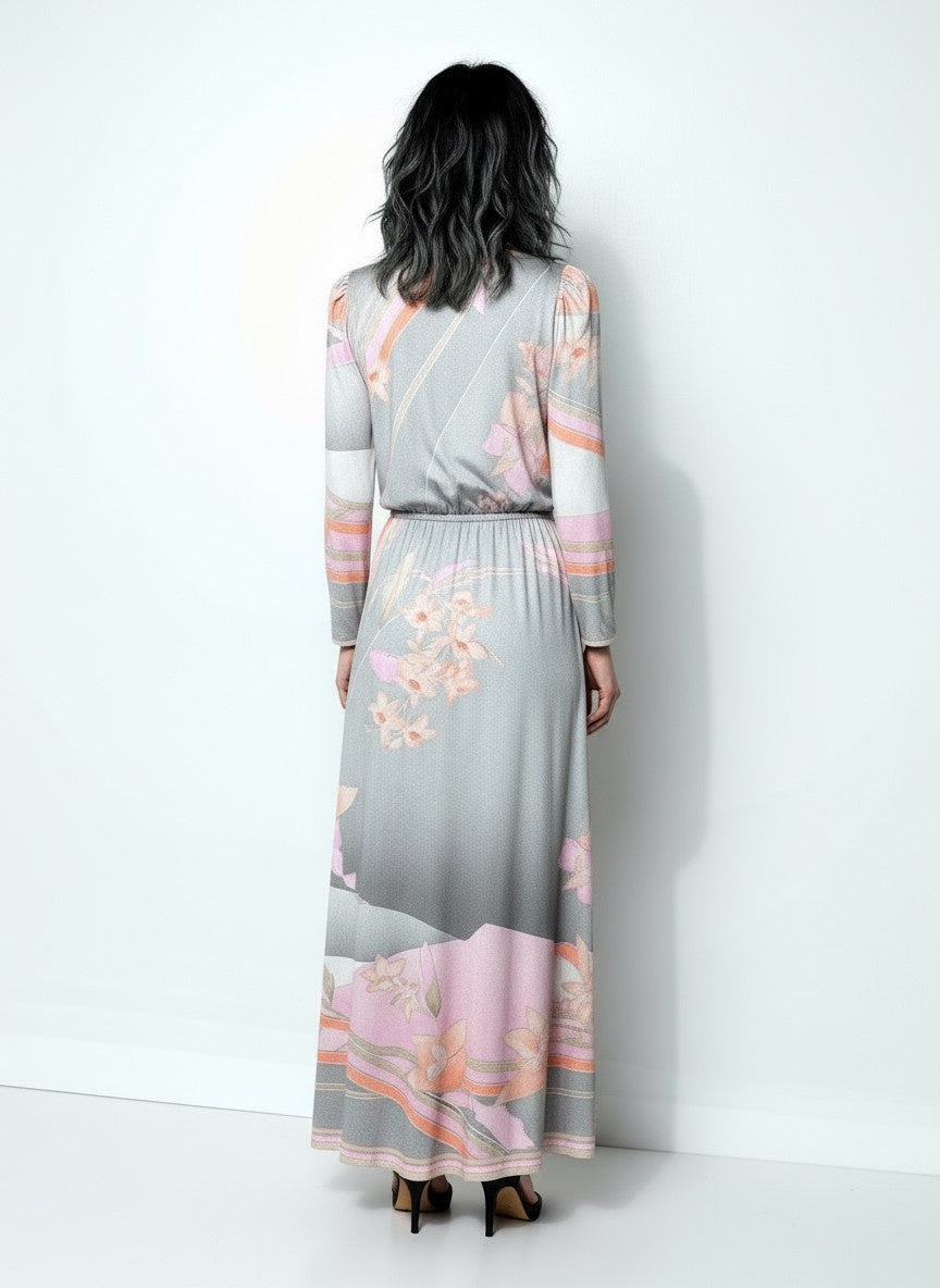 1970's Original Vintage Grey Leonard Floral Maxi Dress UK 10 -12