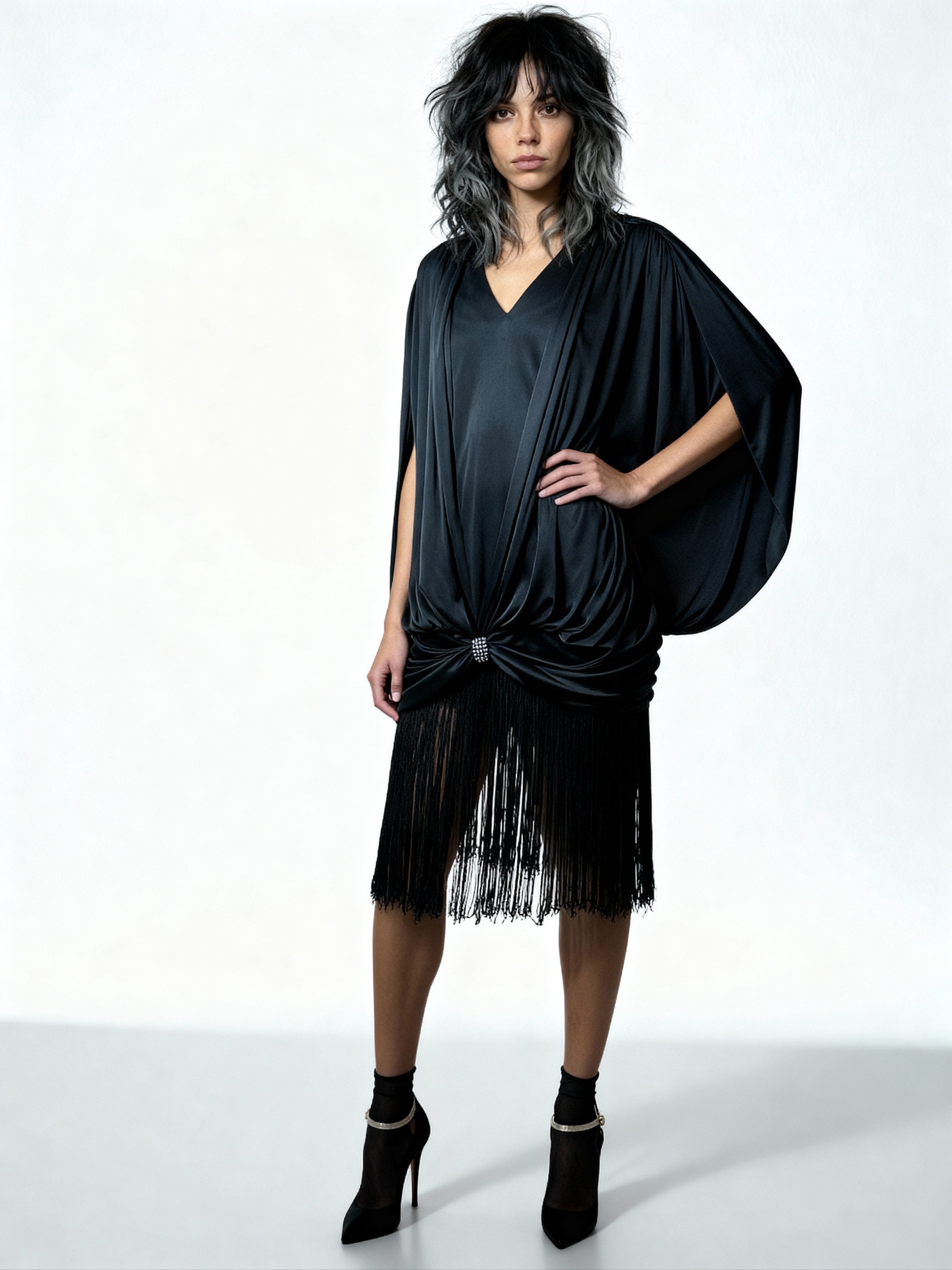 Unusual Original 1980's Vintage Black Dress with Fringing UK 8 - 14