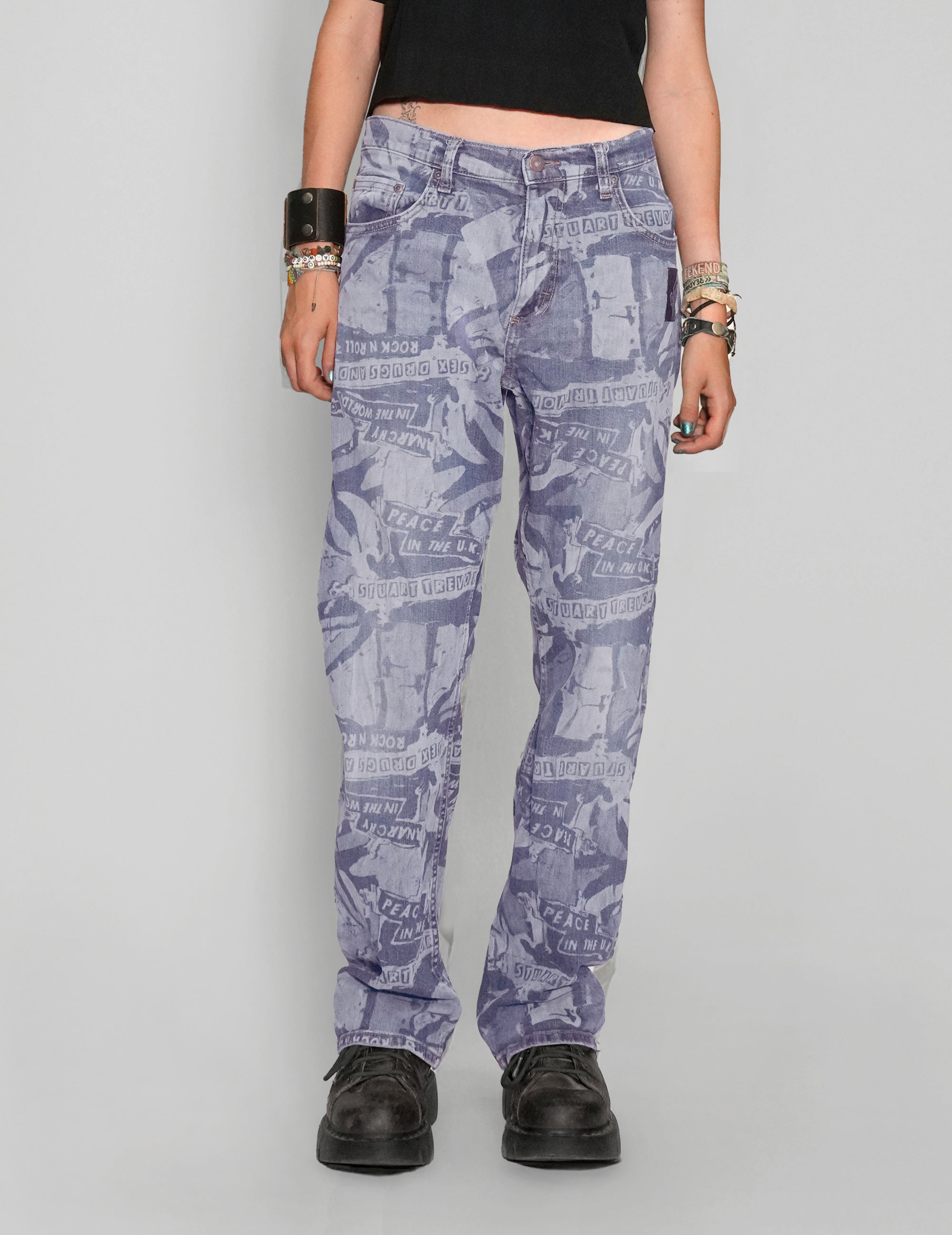 'Peace' Laser Print Jeans in Light Blue