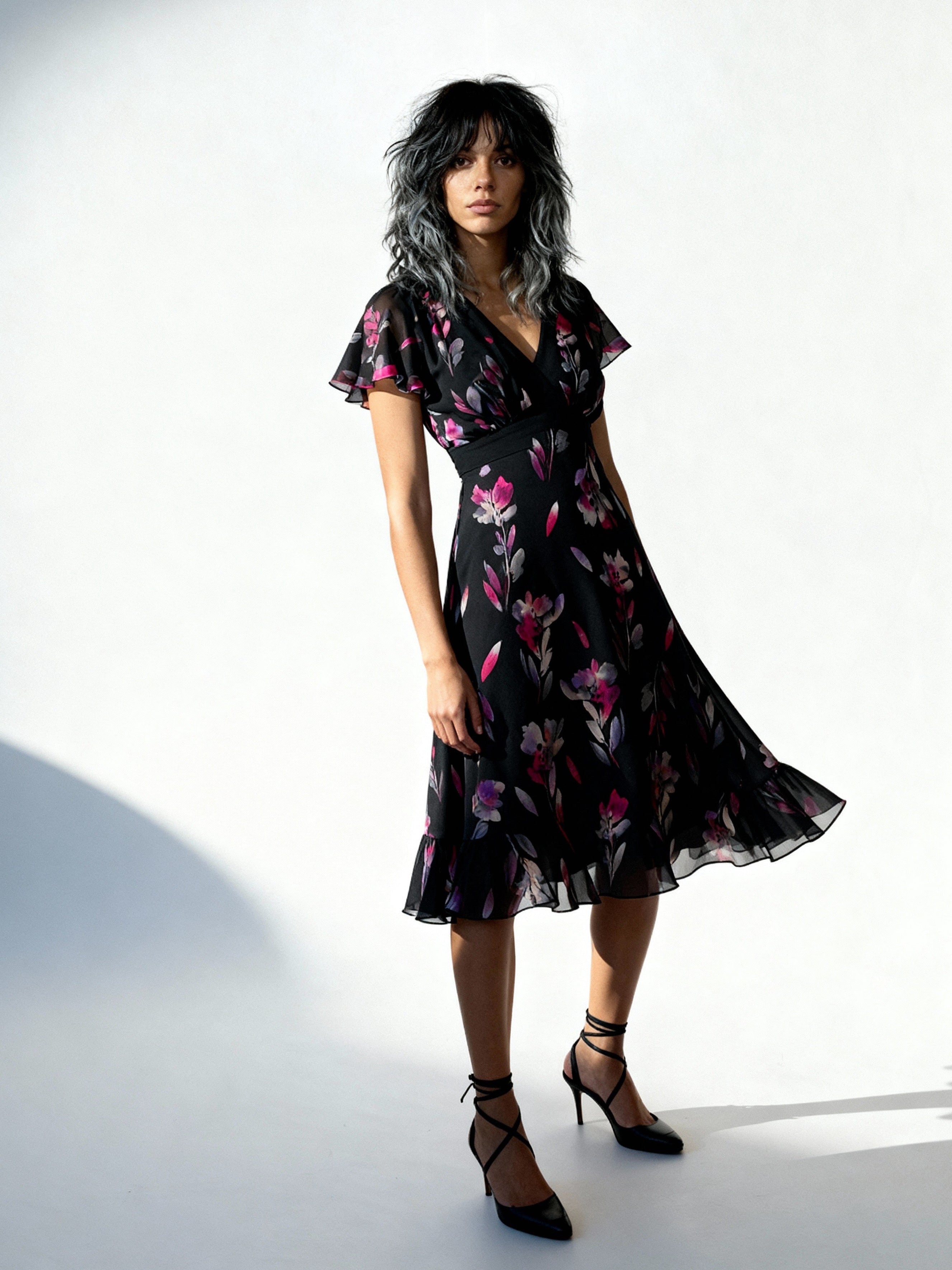 Original Ossie Clark Preloved Black & Floral Print Dress UK 8