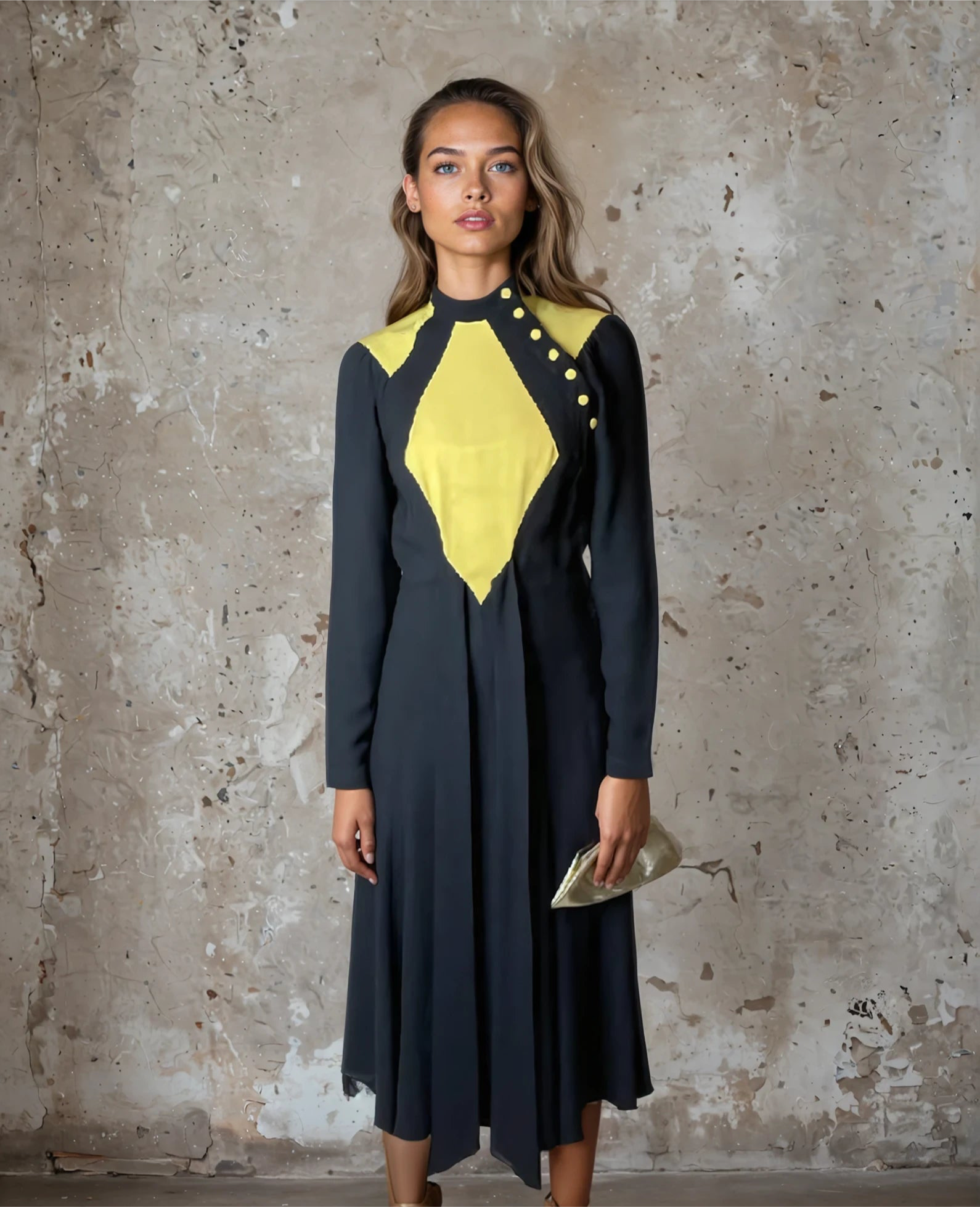 Rare Vintage 1970's Original Black & Yellow Dress Designed by Ossie Clark UK 8 - 10