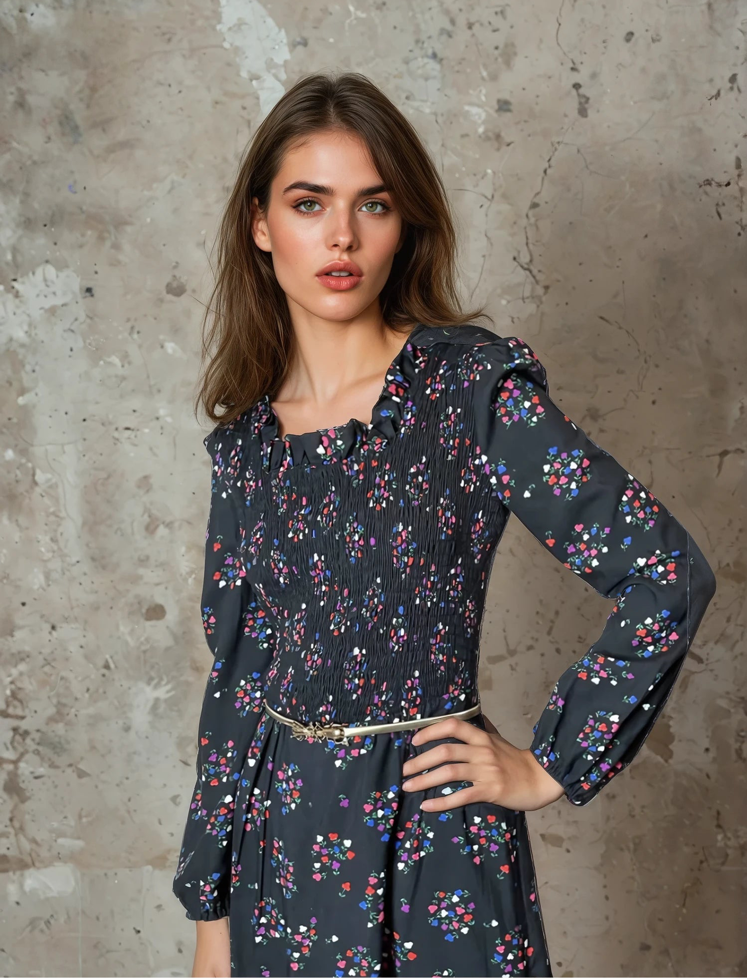 Original 1970's Vintage Black Maxi Dress With Floral Print UK 10 - 12