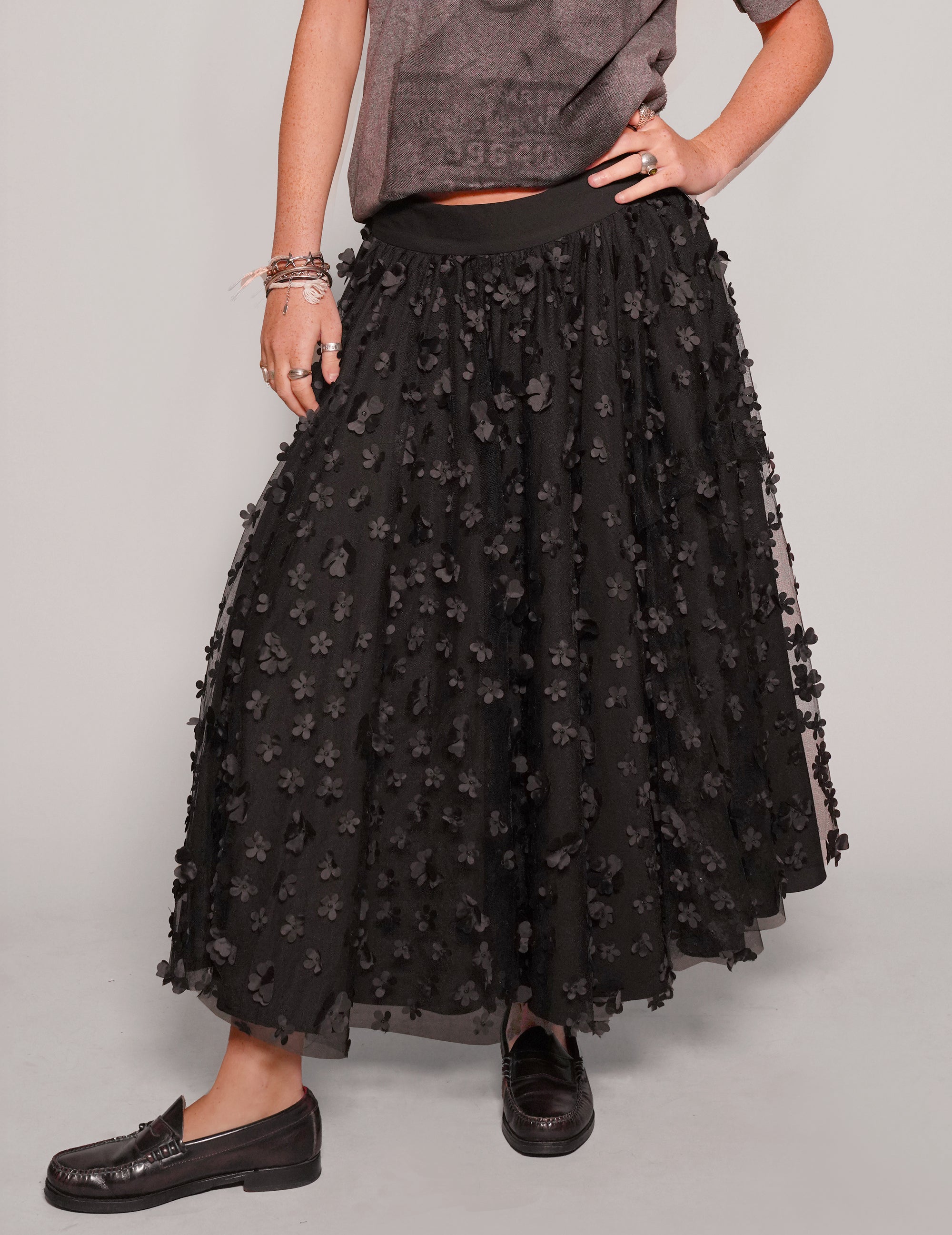Mesh Maxi Skirt - Flower Pattern in Black