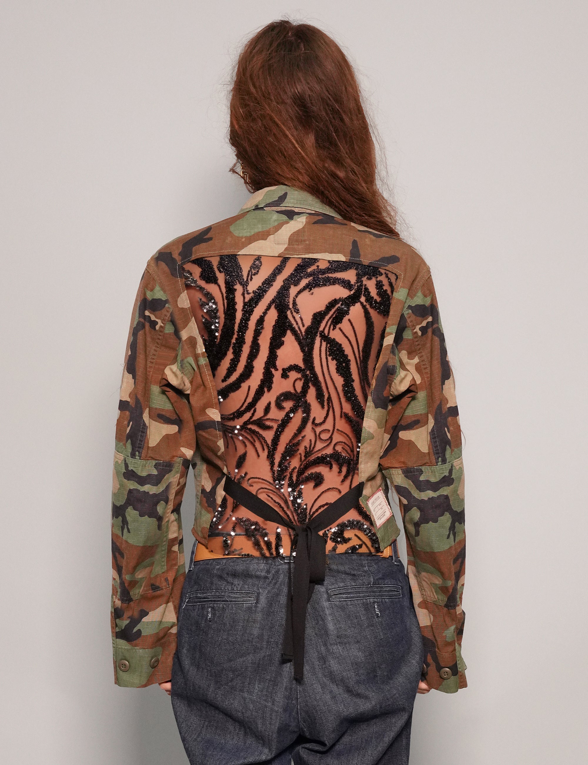 Cropped Party Back Shirt - Black Sequin - Camo