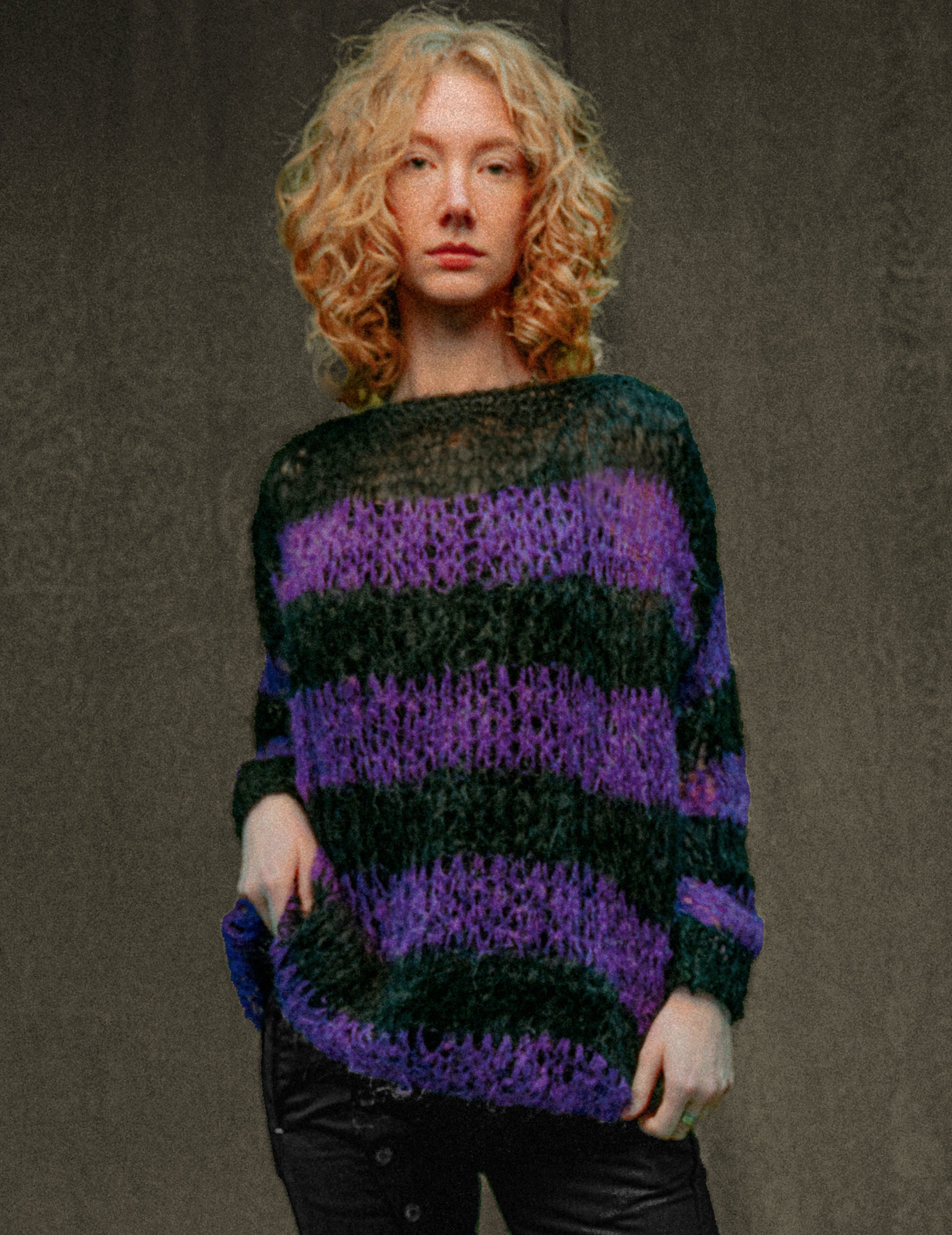 "PISTOLS" Mohair Hand Knit Sweater - Purple and Black