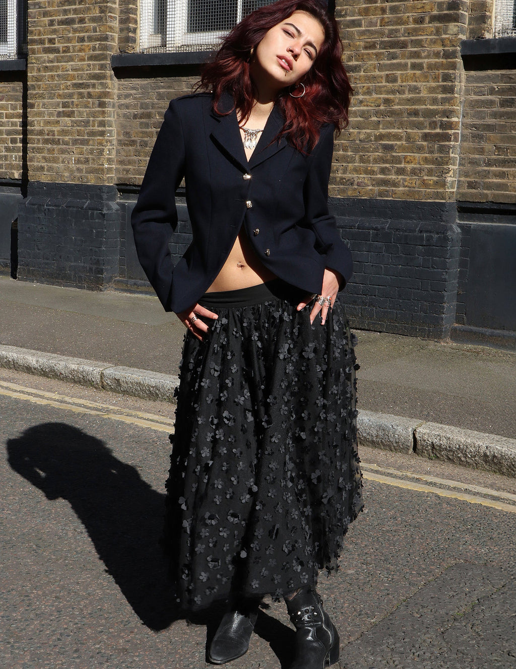 Mesh Maxi Skirt - Flower Pattern in Black