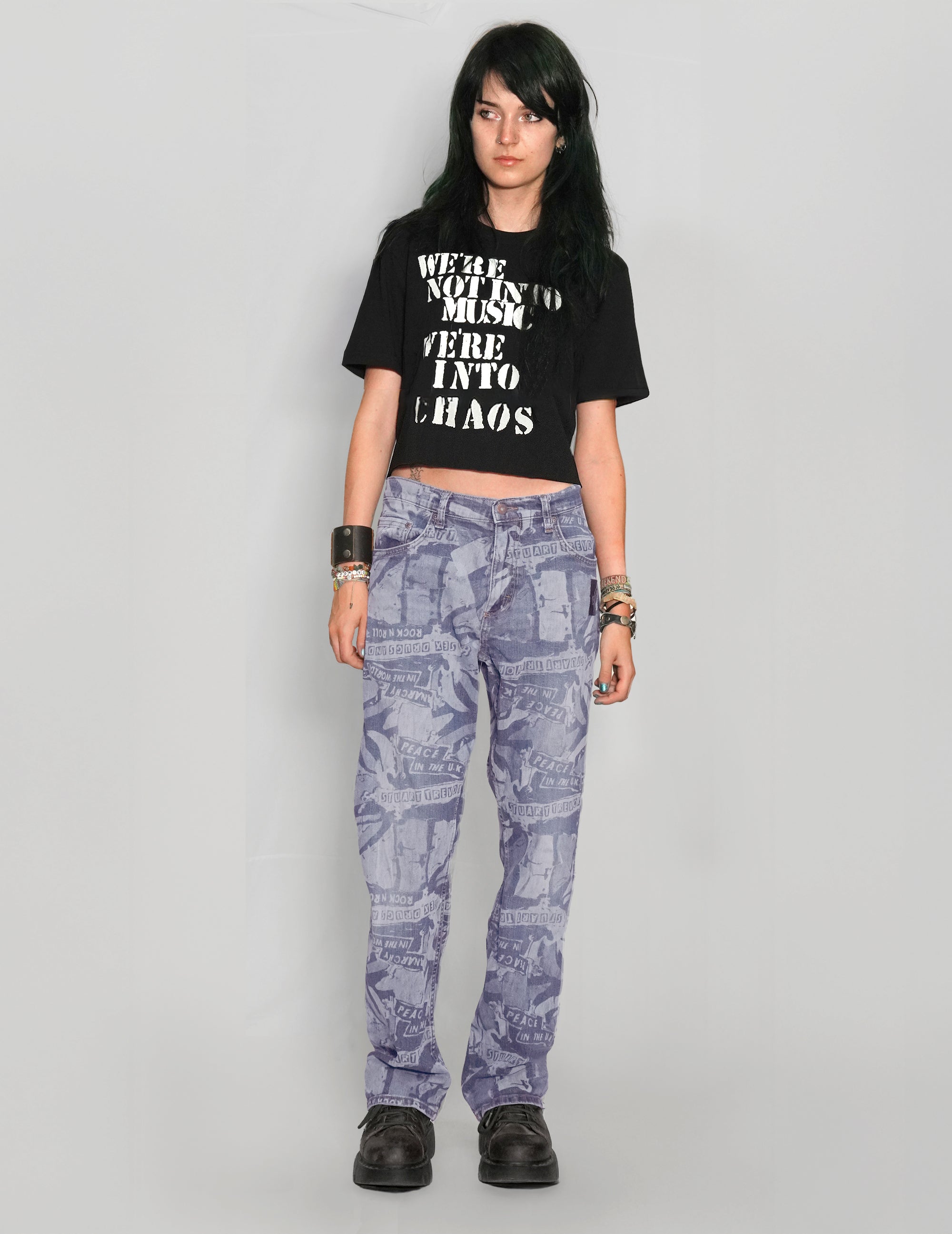 'Peace' Laser Print Jeans in Light Blue