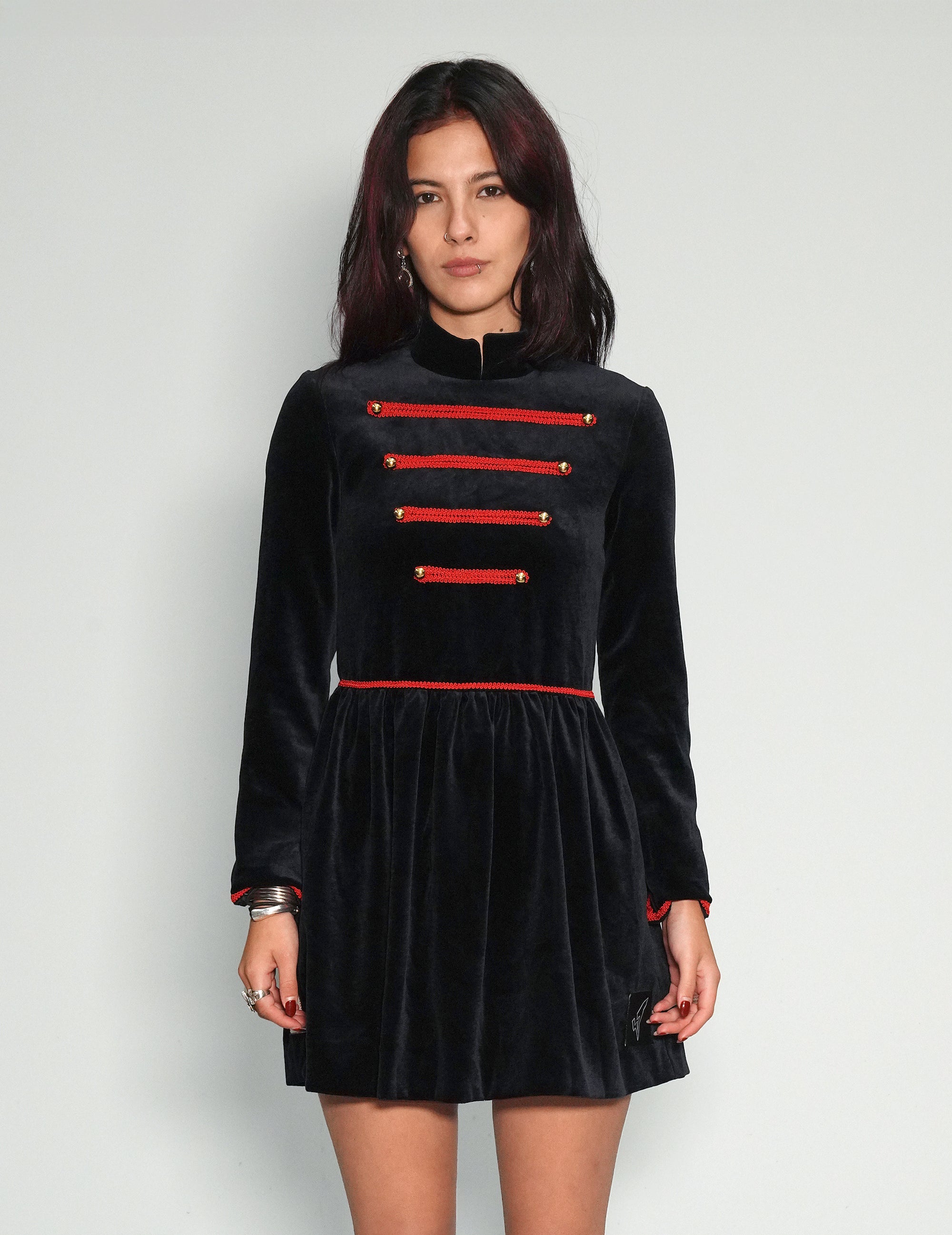 Vintage Military-Style Velvet Dress