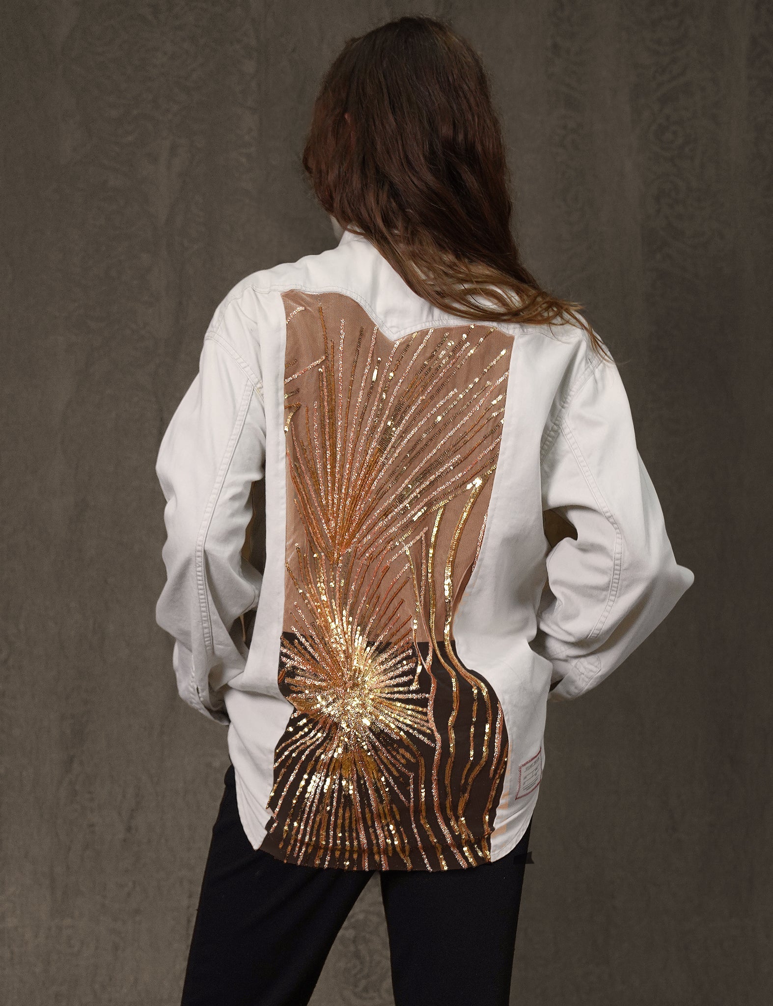 Party Back Shirt - Gold Star Sequin - White Denim