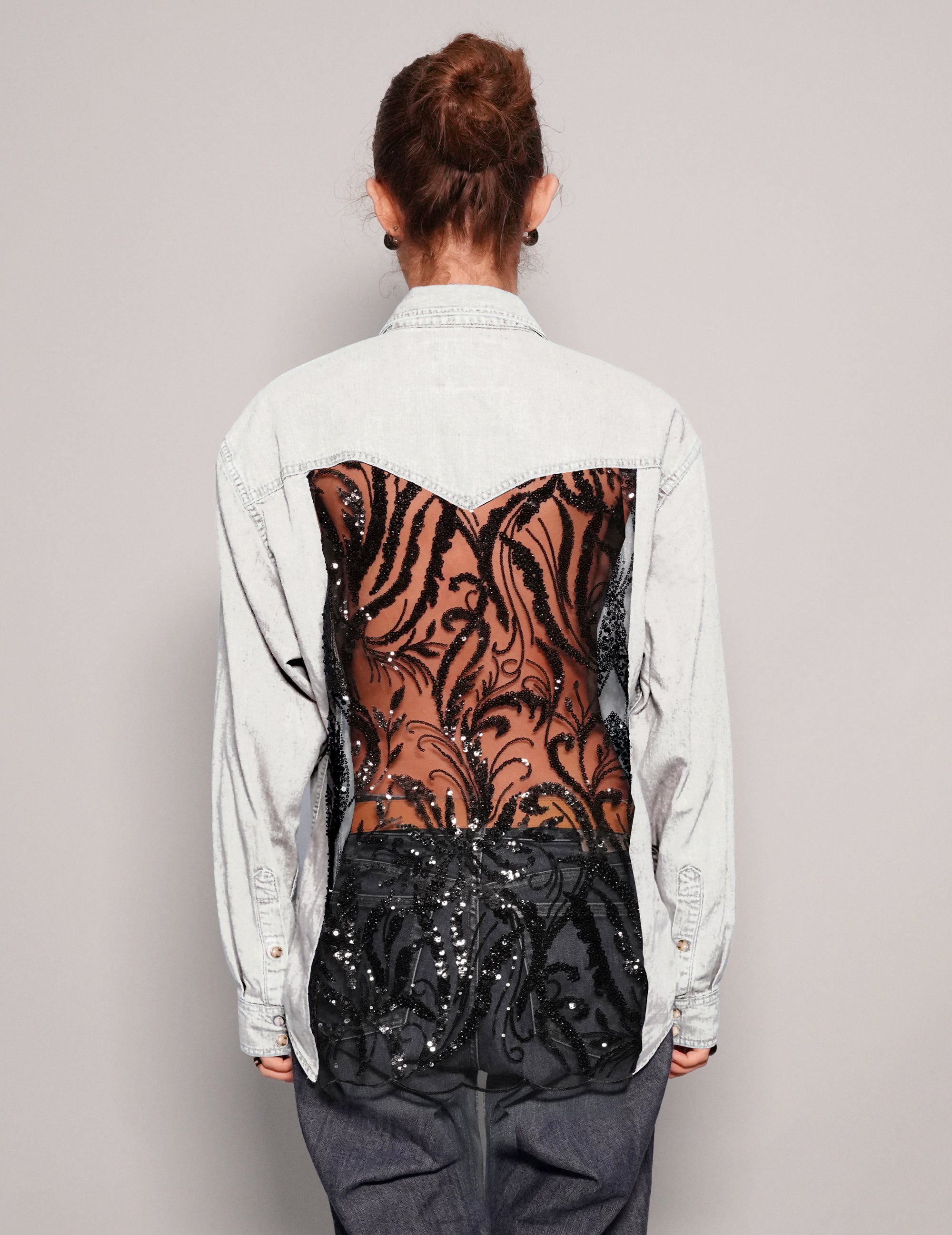 Party Back Shirt - Black Sequin - White Denim