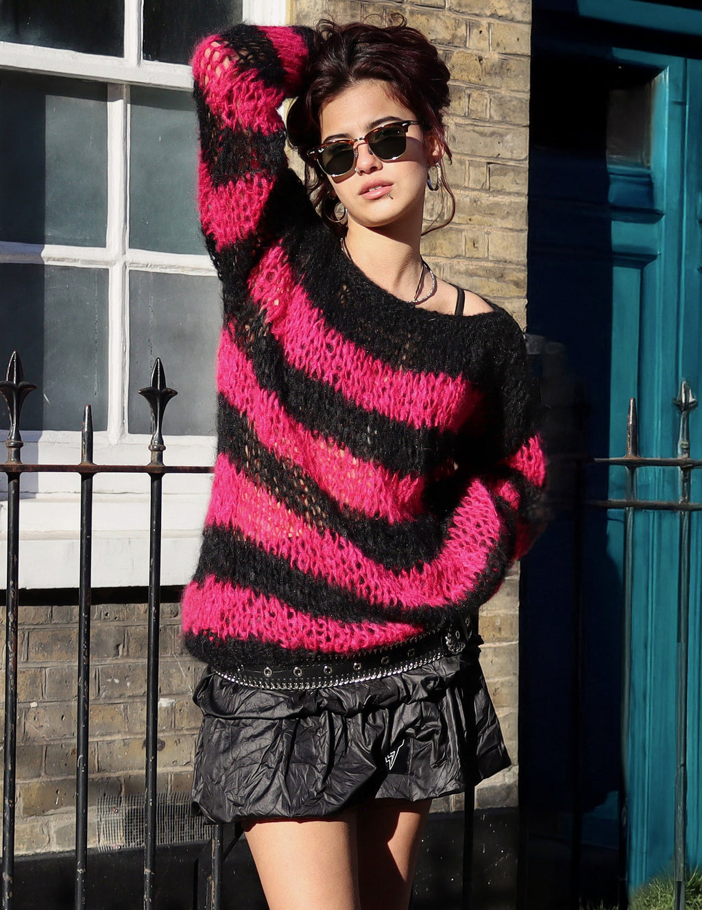 "PISTOLS" Mohair Hand Knit Sweater - Pink & Black