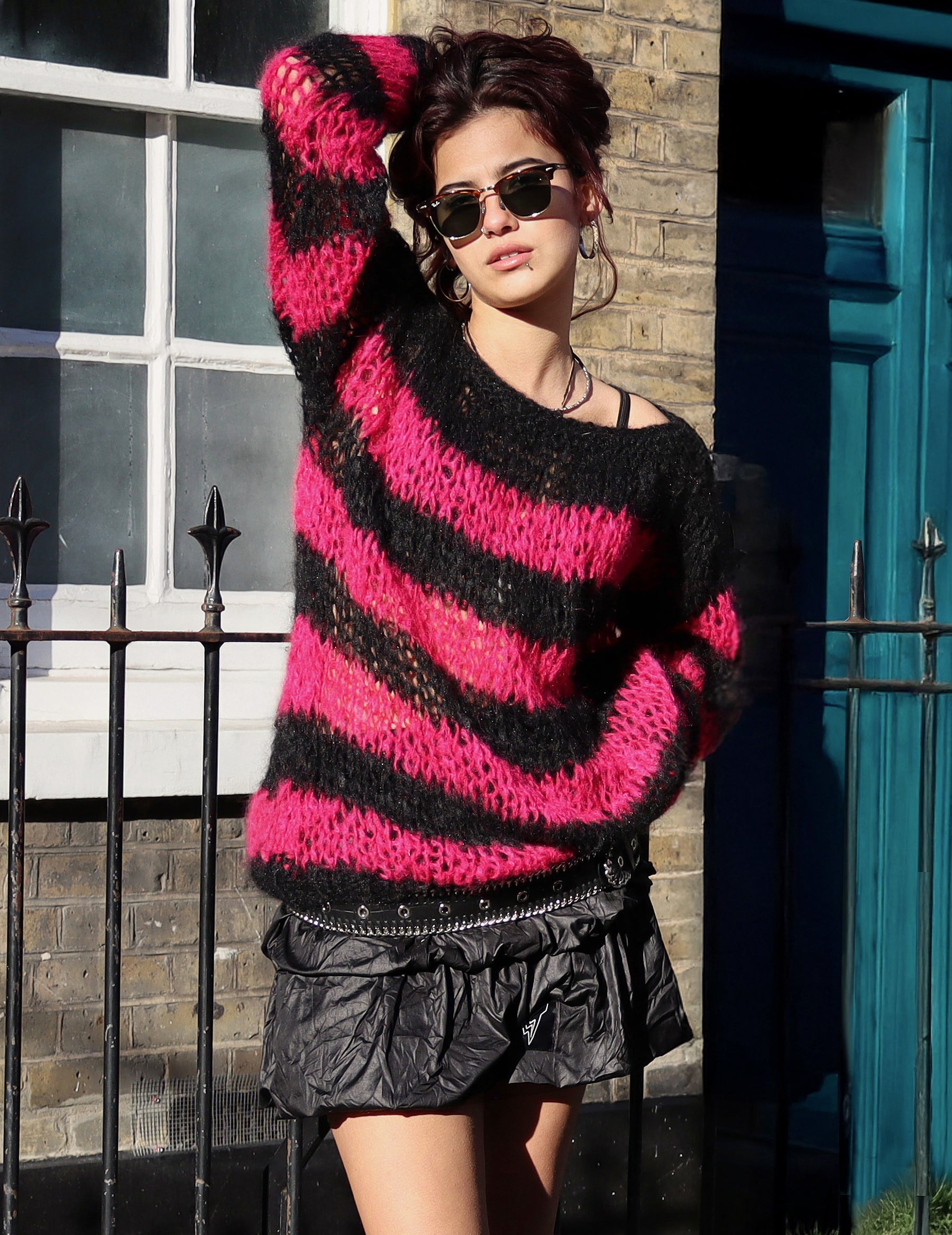"PISTOLS" Mohair Hand Knit Sweater - Pink & Black