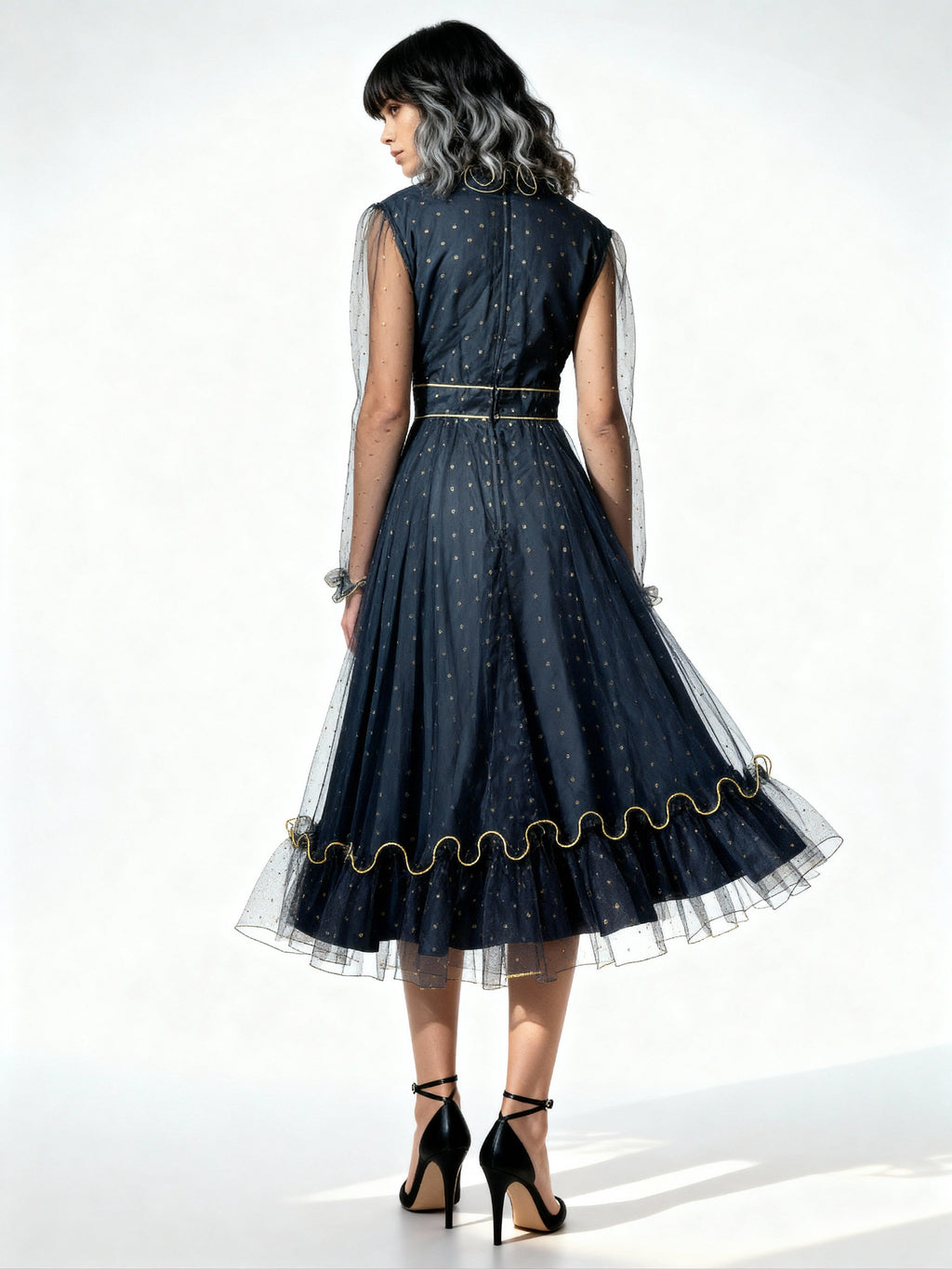 1970's Original Vintage Black Lace & Gold Polka Dot Dress UK 12