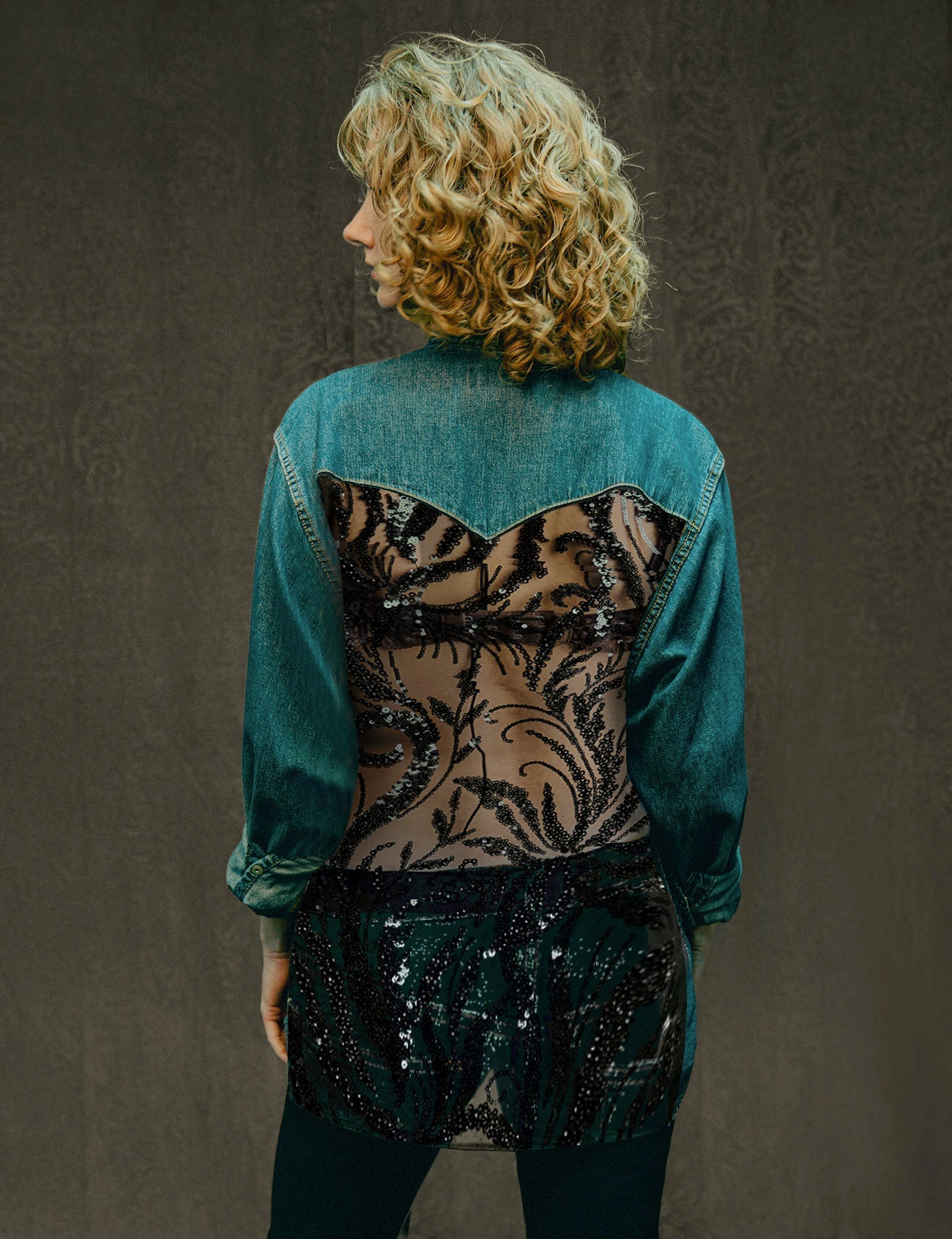 Party Back Shirt - Black Sequin - Blue Denim