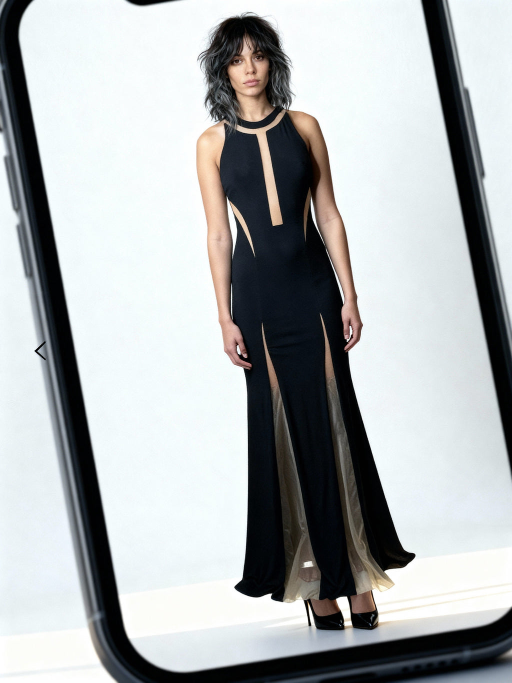 1970'S Vintage Black with Sheer Panelling Maxi Dress Uk 8 - 10