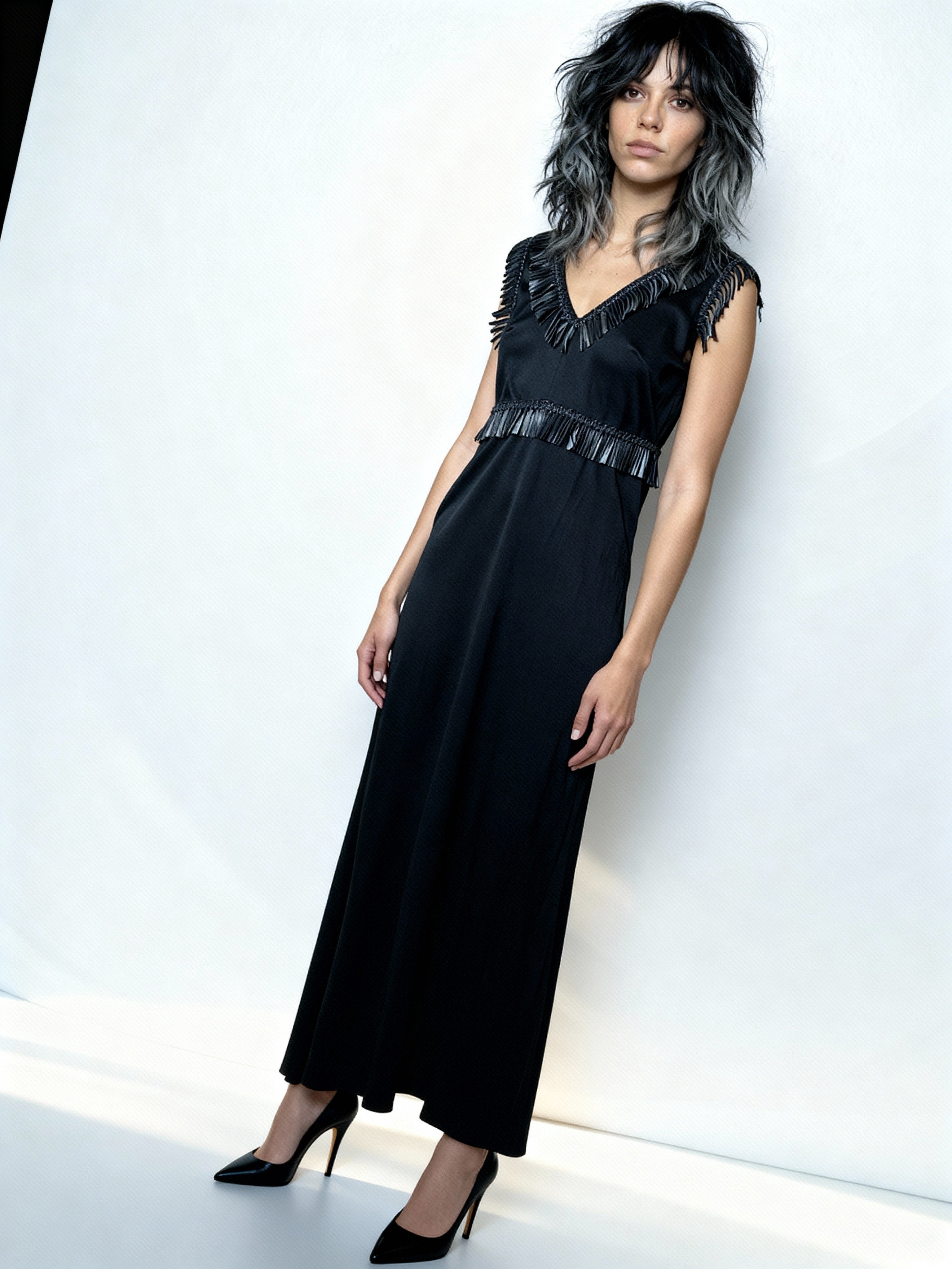 Unique Original Vintage 1970's Black & Faux Leather Detailed Maxi Dress UK 14 - 16