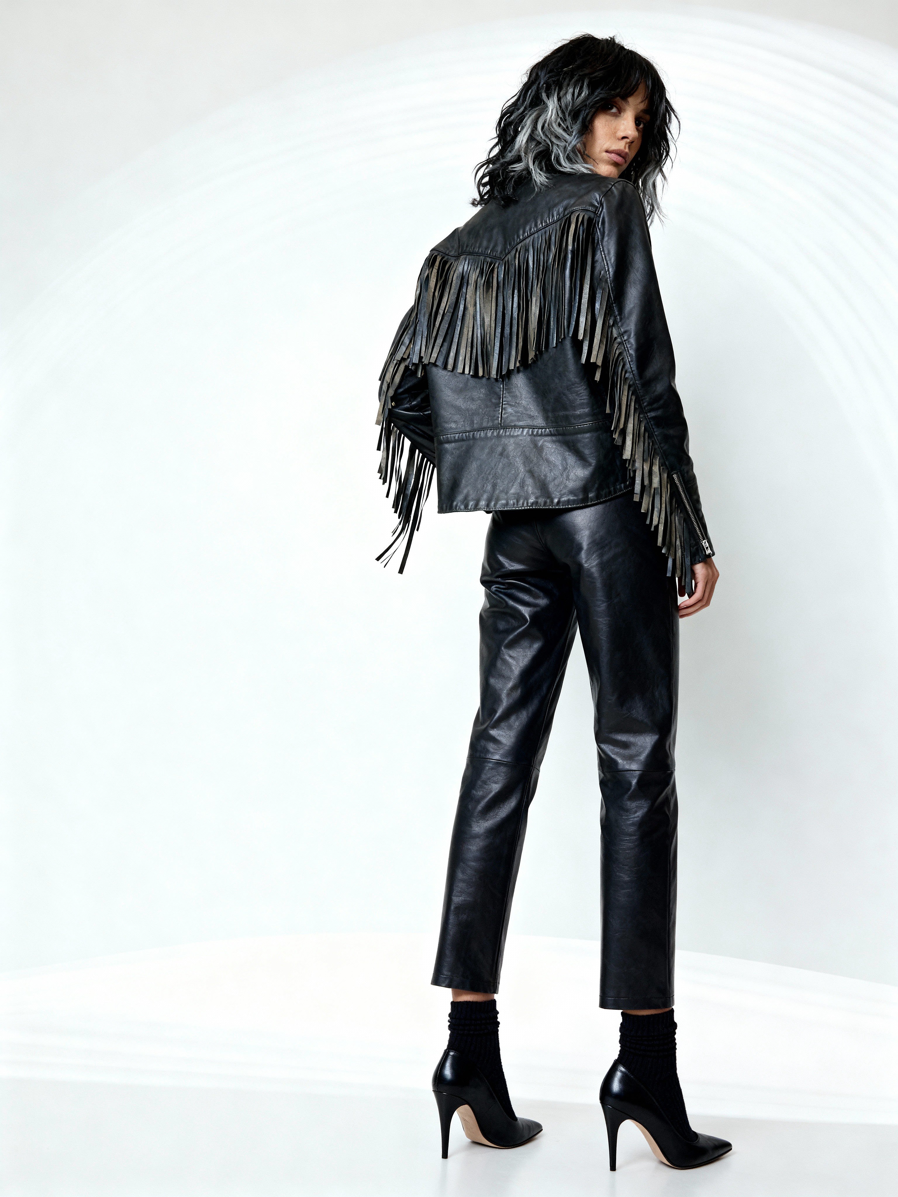 Original 1980's Vintage Black Leather Fringed Biker Jacket UK 10 - 14