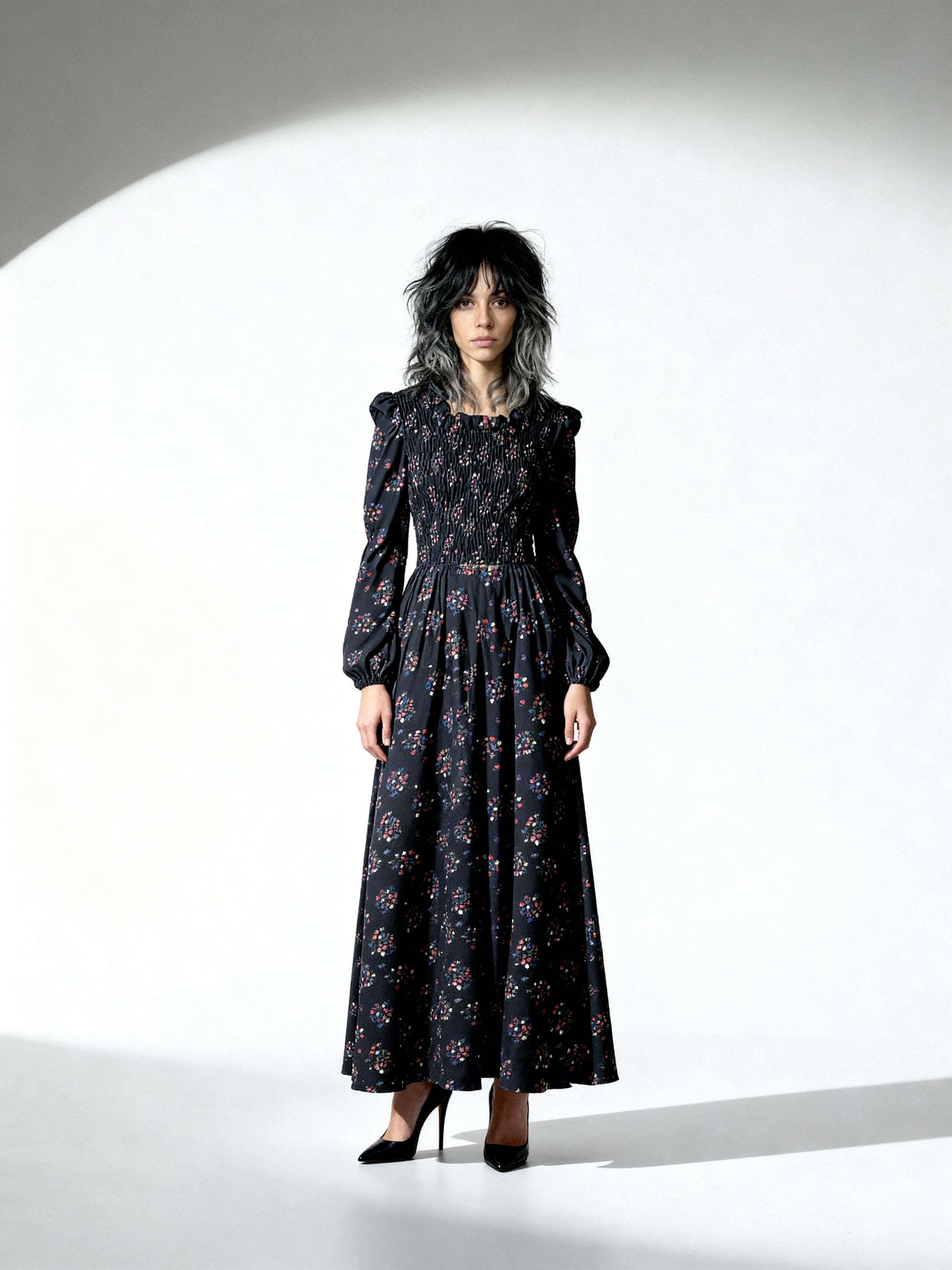 Original 1970's Vintage Black Maxi Dress With Floral Print UK 10 - 12