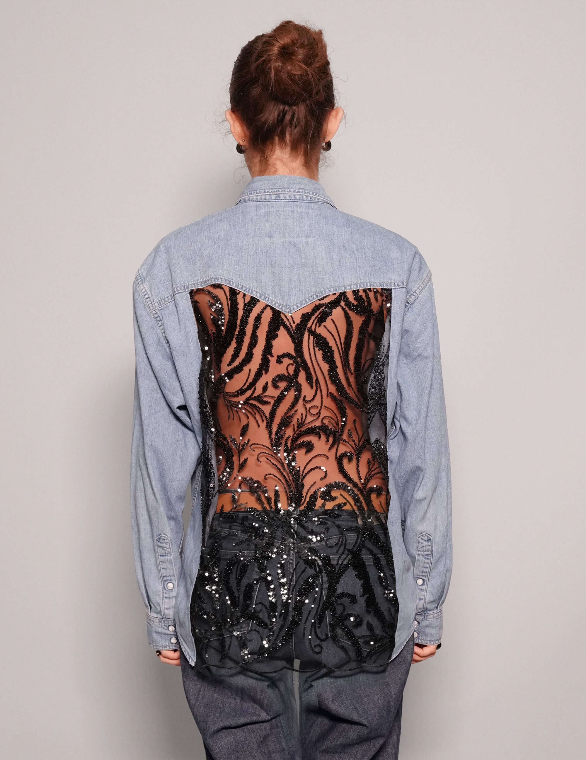 Party Back Shirt - Black Sequin - Light Blue Denim