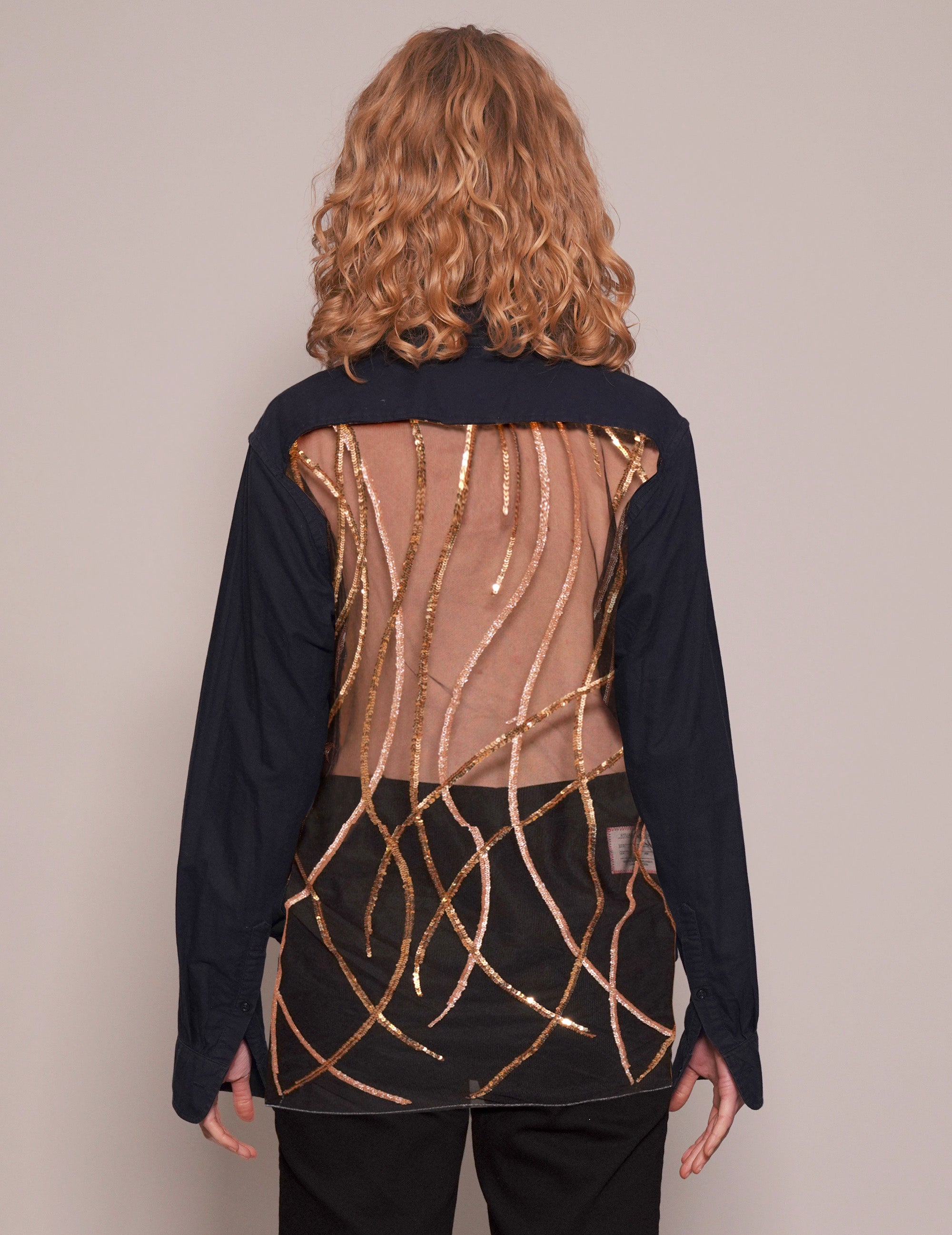 Party Back Shirt - Gold Lines Sequin - Navy Cotton