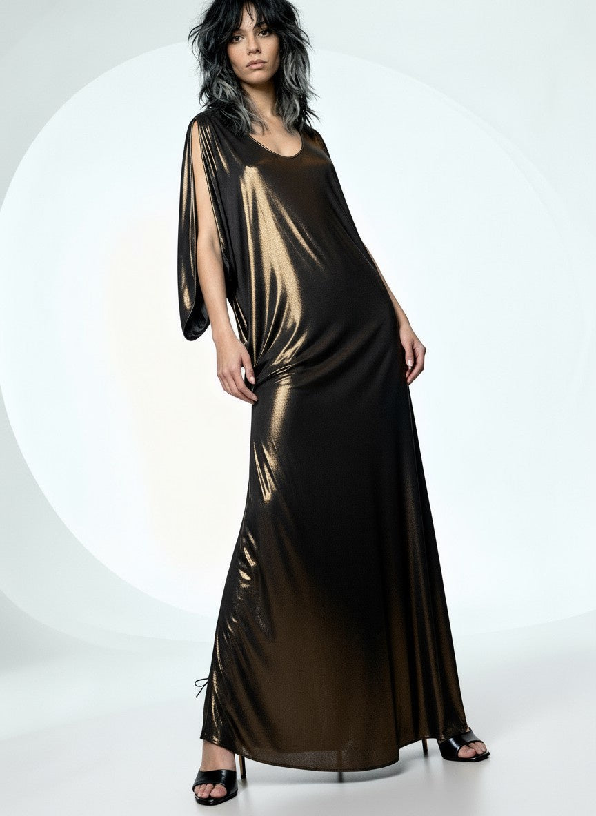 Incredible Vintage Halston Gold / Bronze Kaftan Dress Uk 8 - 14