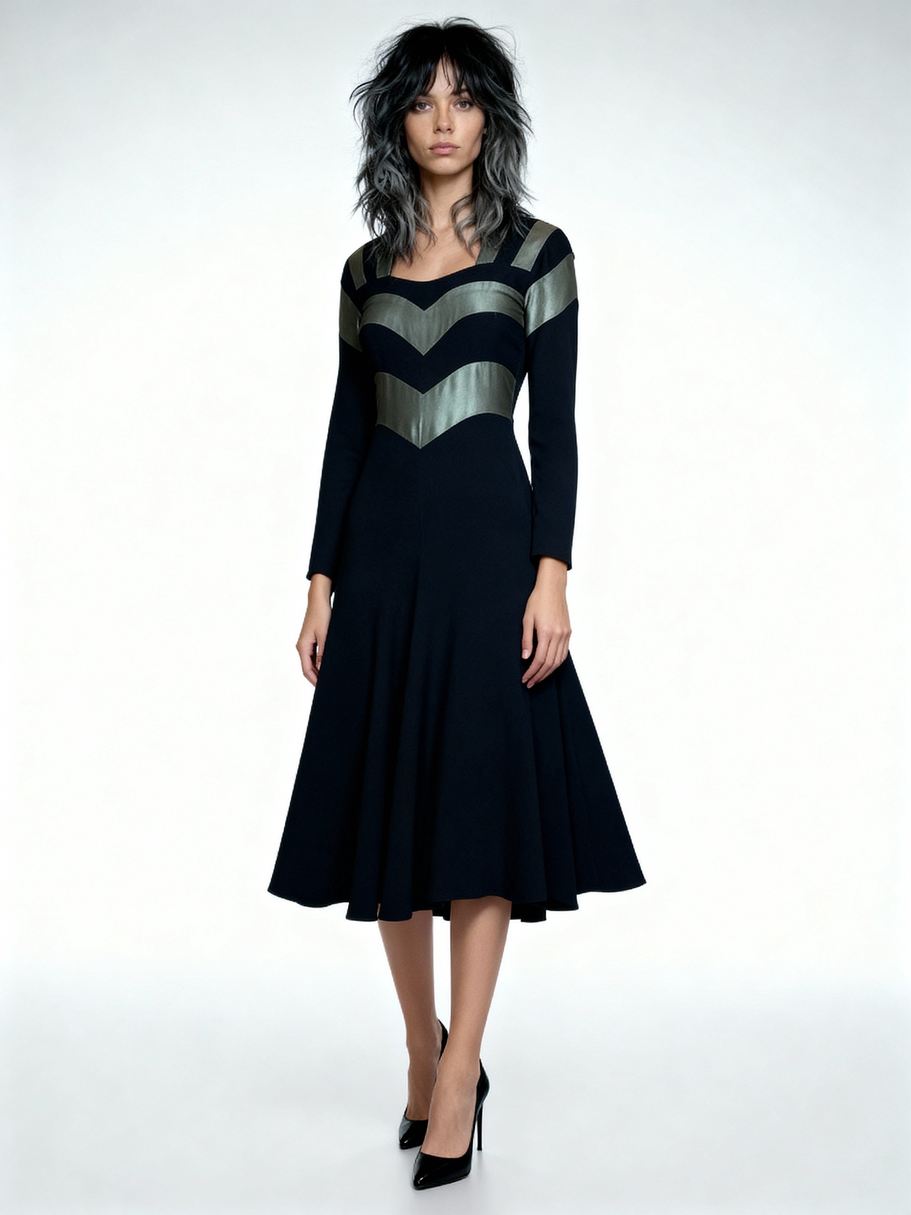 1970's Original Vintage Very Rare Ossie Clark Black & Metallic Green Dress UK 8 - 10