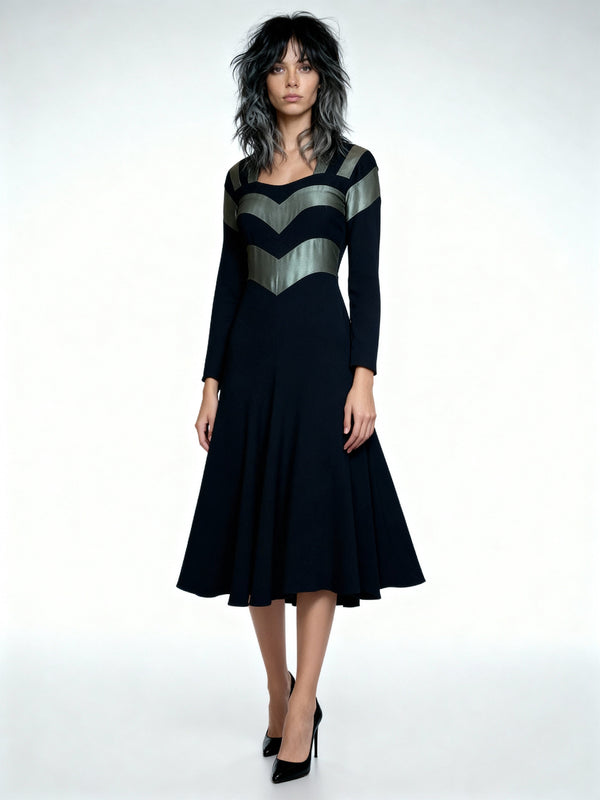 1970's Original Vintage Very Rare Ossie Clark Black & Metallic Green Dress UK 8 - 10