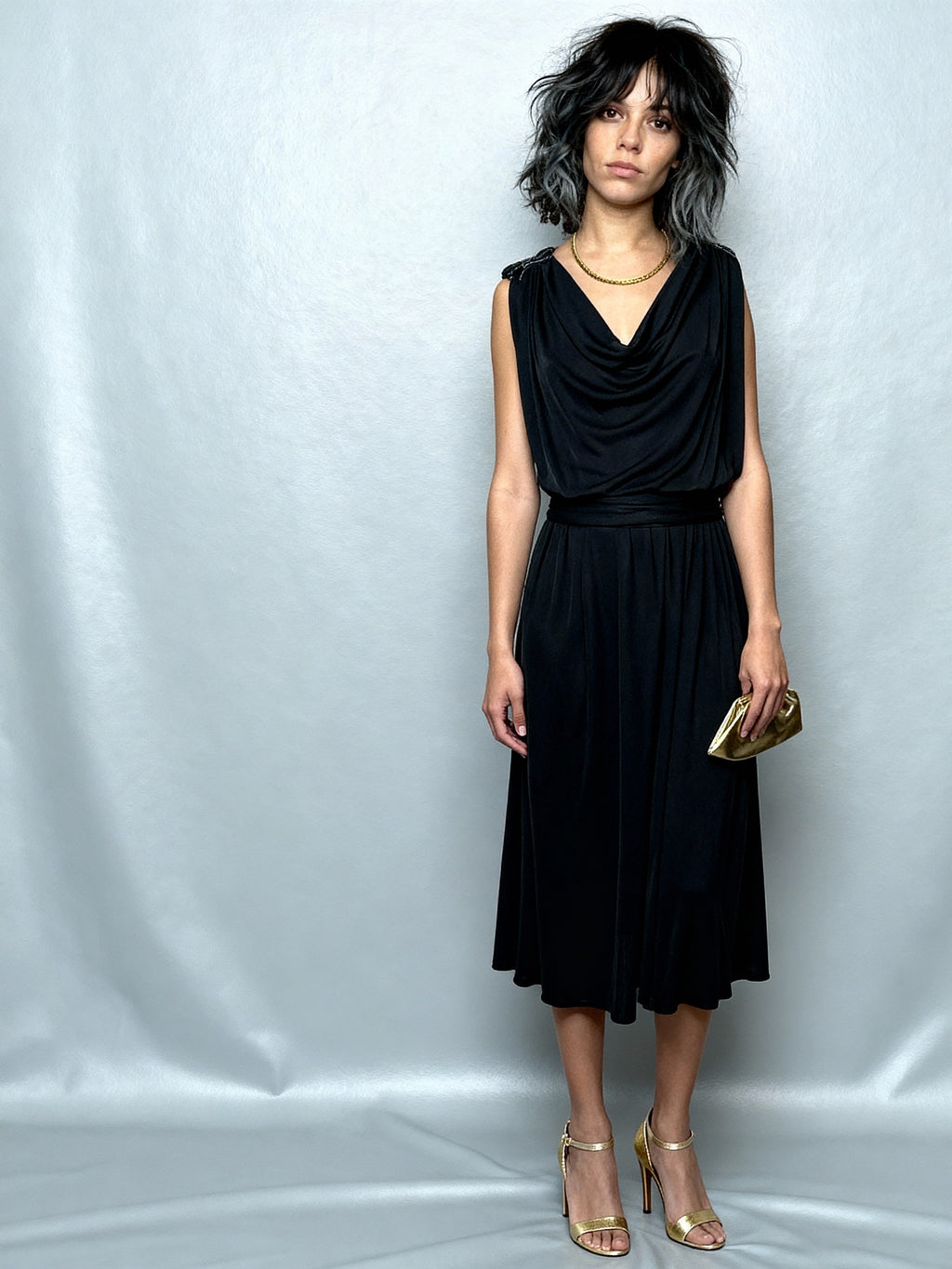 Original 1970's Vintage Black Disco Dress With Sequin Shoulder Detailing UK 8 - 12