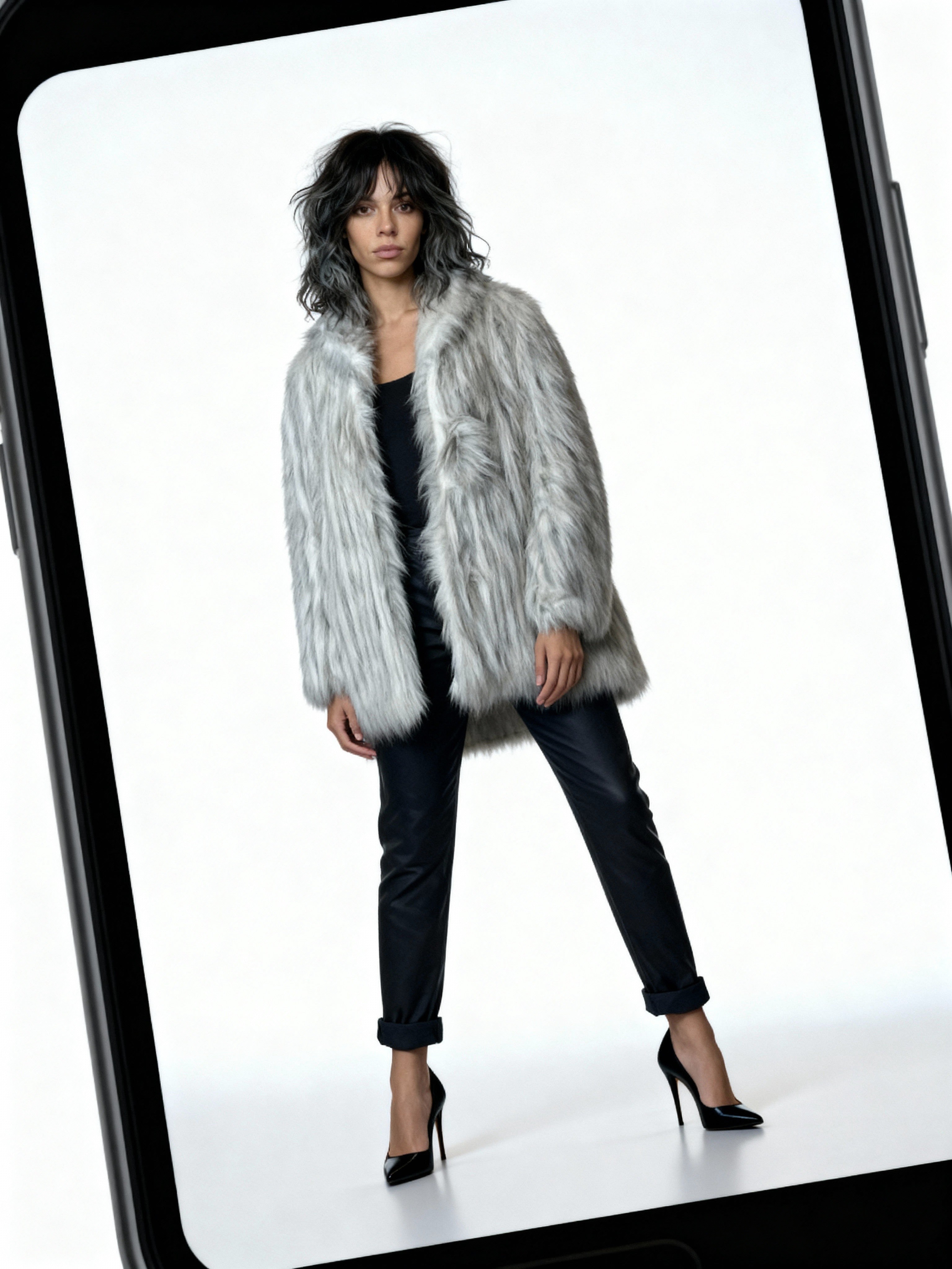 Original Vintage 1970's White & Grey Faux Fur Coat UK 8 - 14