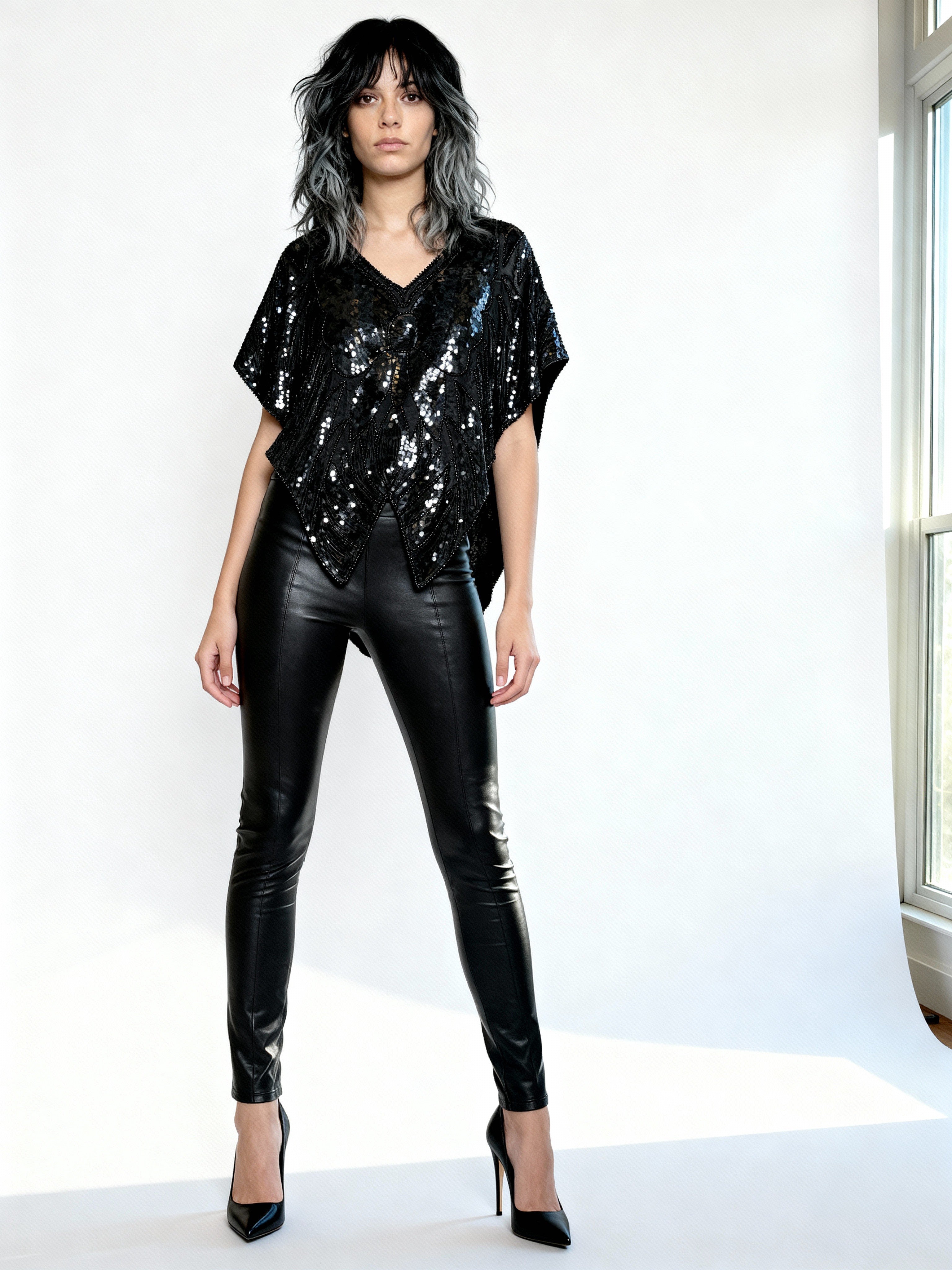 Original Vintage Late 1970's Black Silk Sequin Butterfly Top