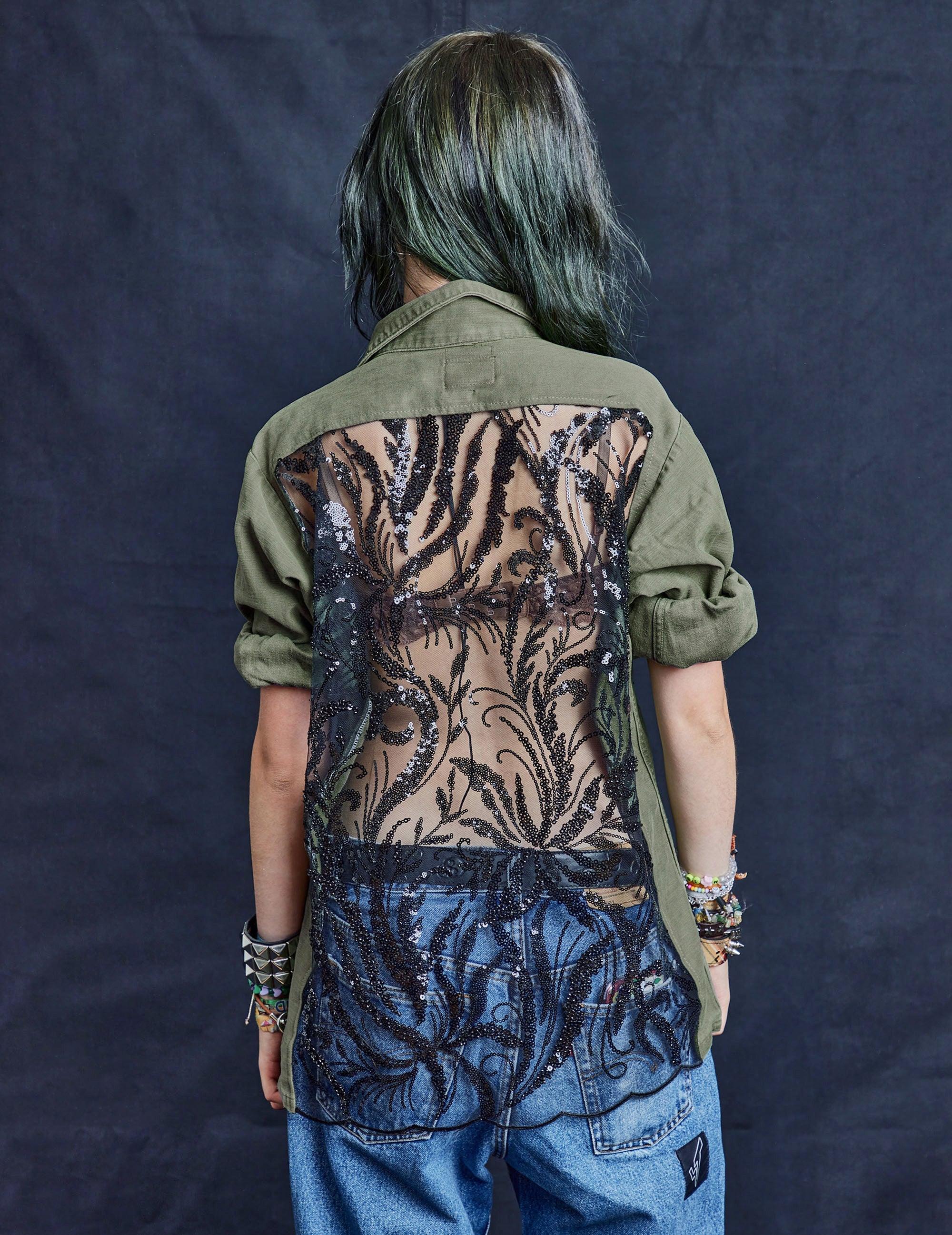 Party Back Shirt - Black Sequin - Khaki