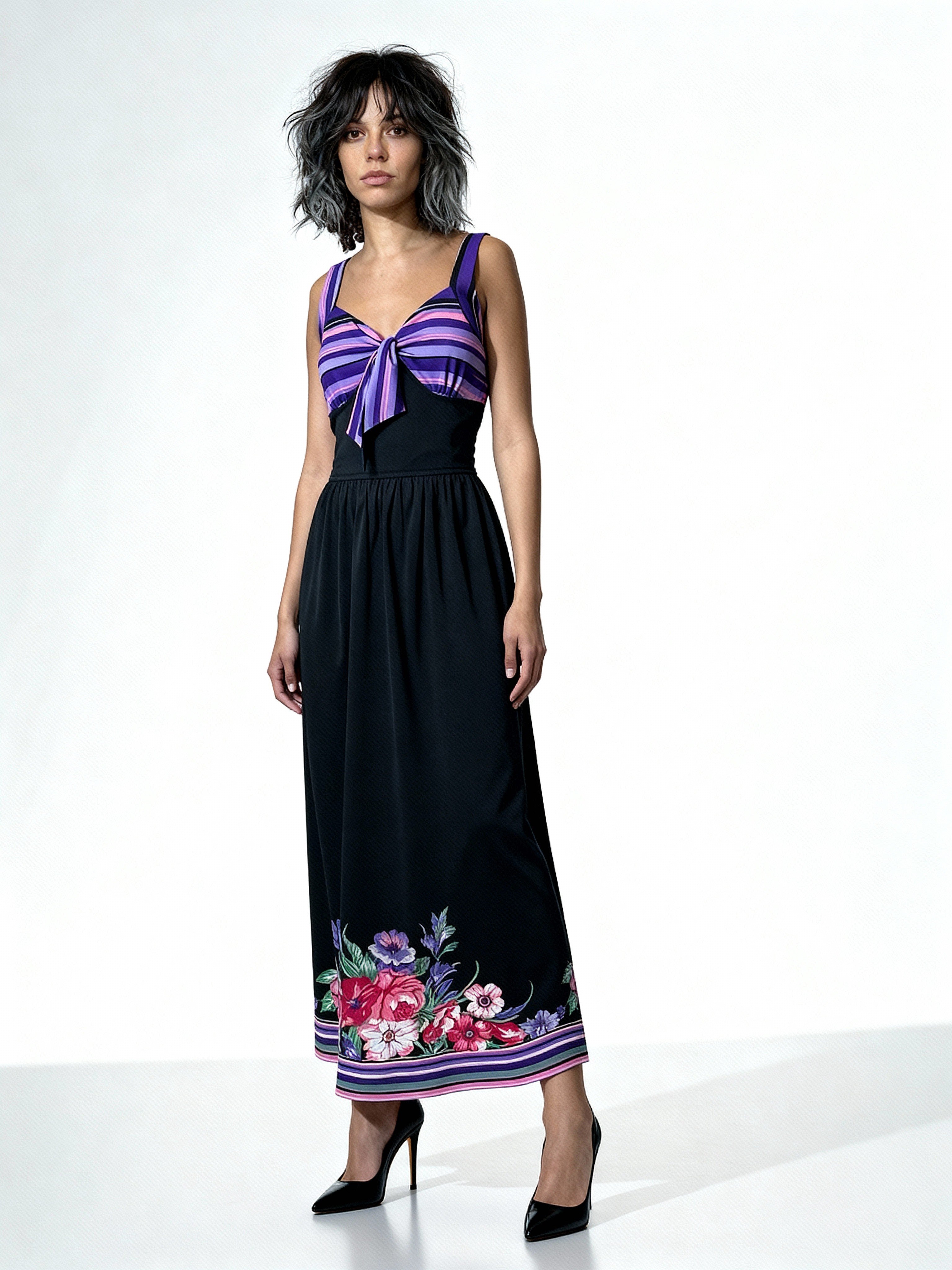 Original 1970's Vintage Black & Floral Print Maxi Dress UK 12 - 14