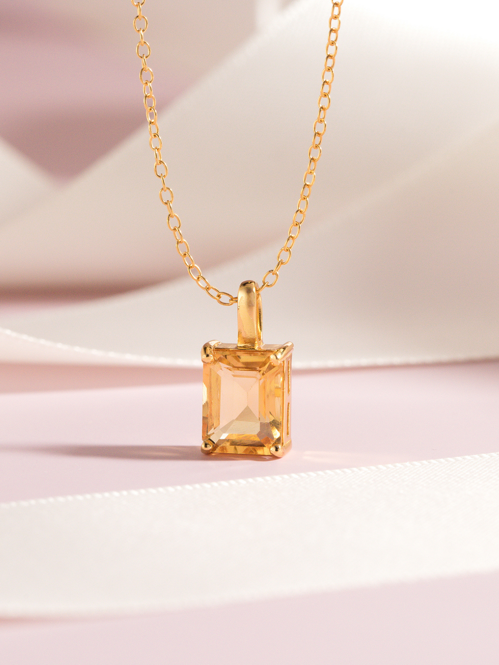 Citrine Emerald Cut Pendant Necklace in 18k Gold Vermeil