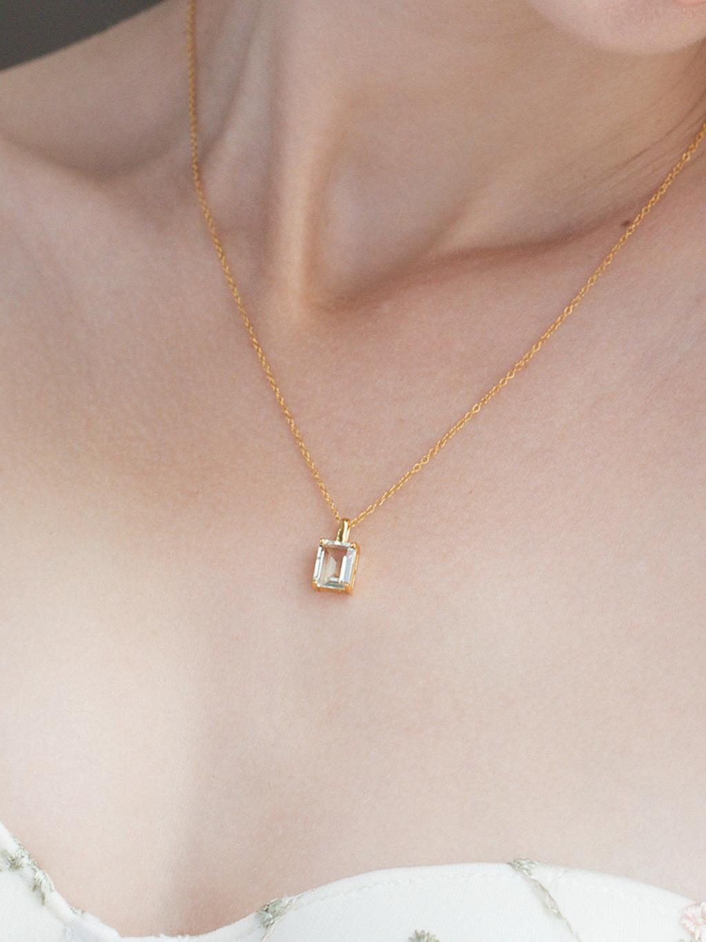 Green Amethyst Emerald Cut Pendant Necklace in 18k Gold Vermeil