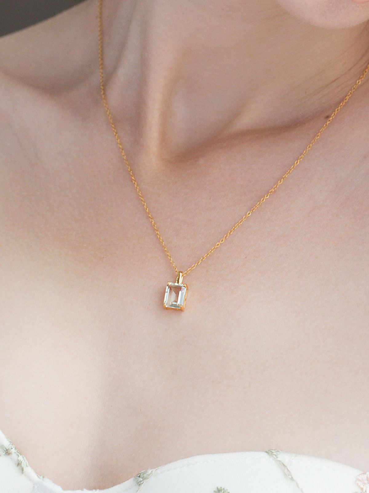 Green Amethyst Emerald Cut Pendant Necklace in 18k Gold Vermeil