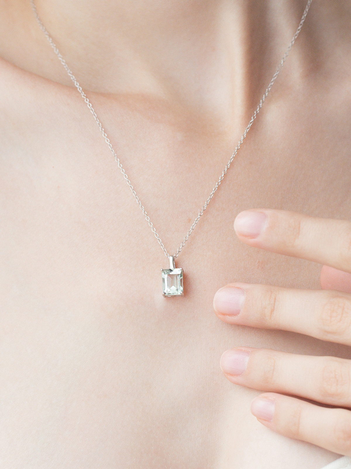 Green Amethyst Emerald Cut Pendant Necklace in Sterling Silver