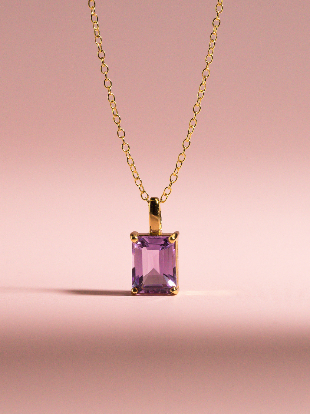 Lavender Amethyst Emerald Cut Pendant Necklace in 18k Gold Vermeil