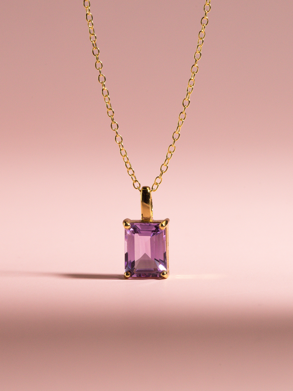 Lavender Amethyst Emerald Cut Pendant Necklace in 18k Gold Vermeil