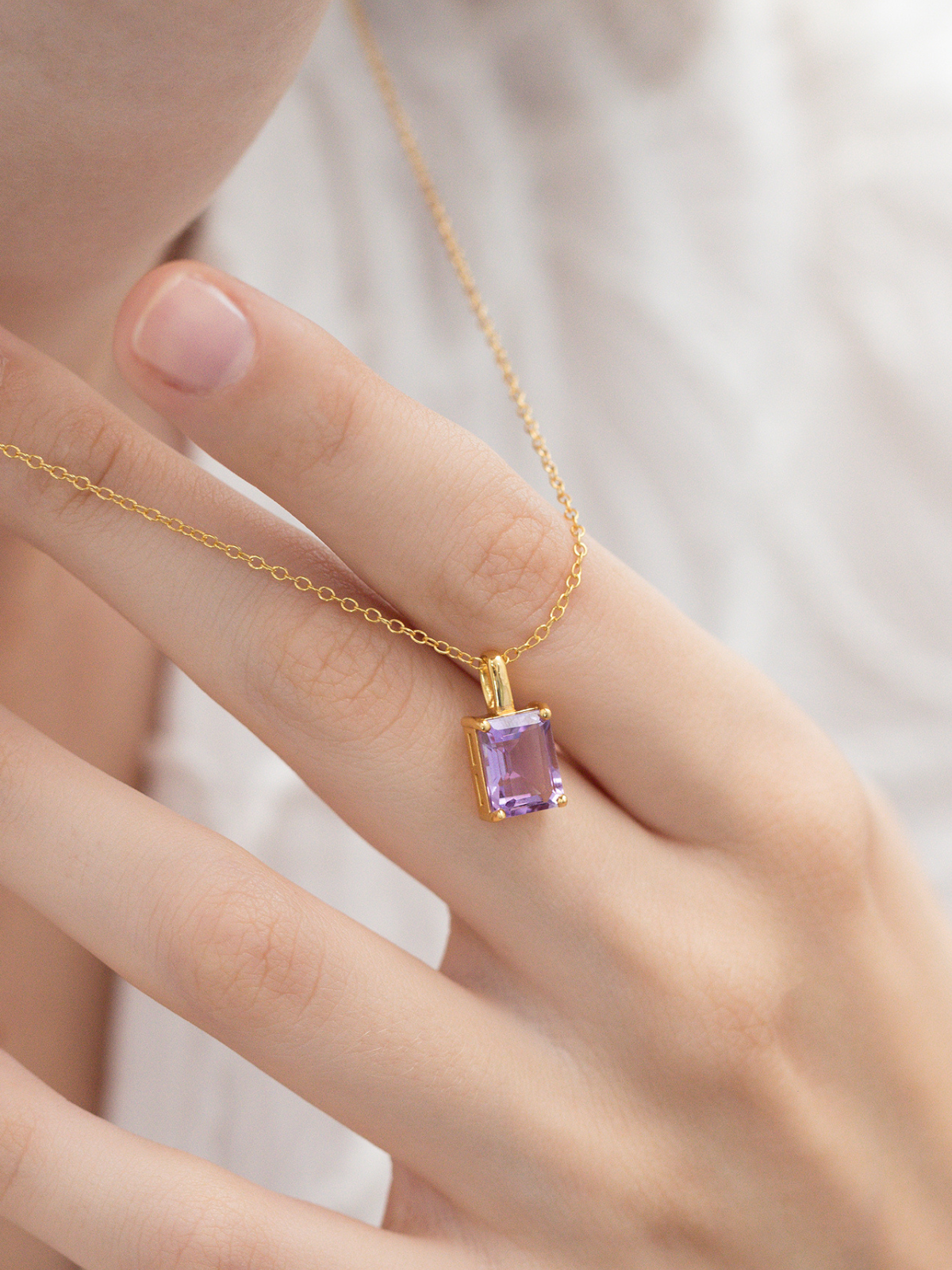 Lavender Amethyst Emerald Cut Pendant Necklace in 18k Gold Vermeil