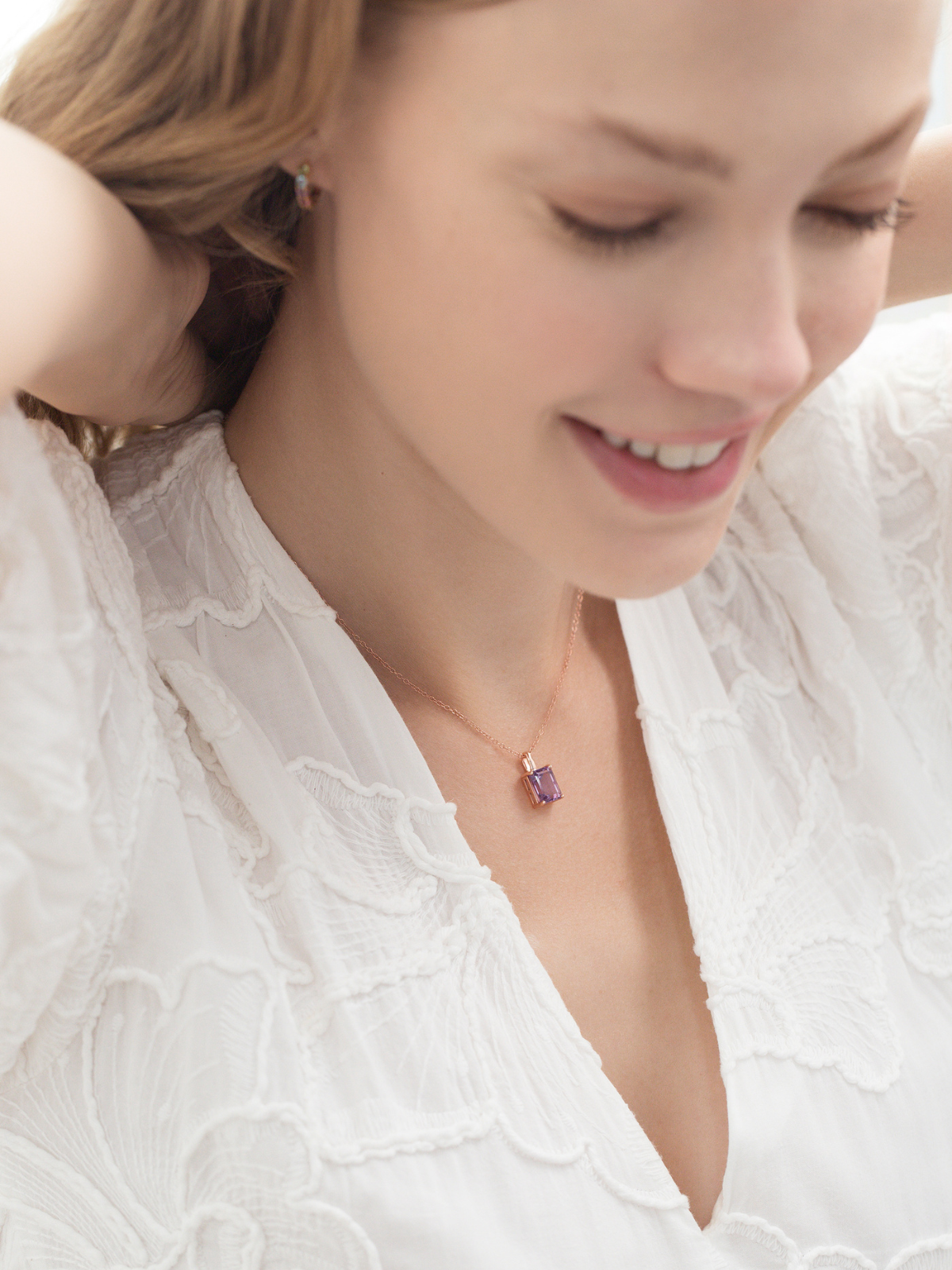 Lavender Amethyst Emerald Cut Pendant Necklace in 18k Rose Gold Vermeil