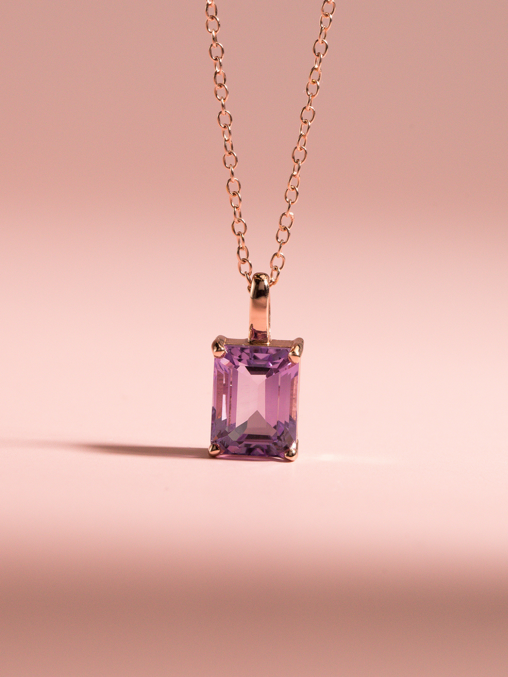 Lavender Amethyst Emerald Cut Pendant Necklace in 18k Rose Gold Vermeil