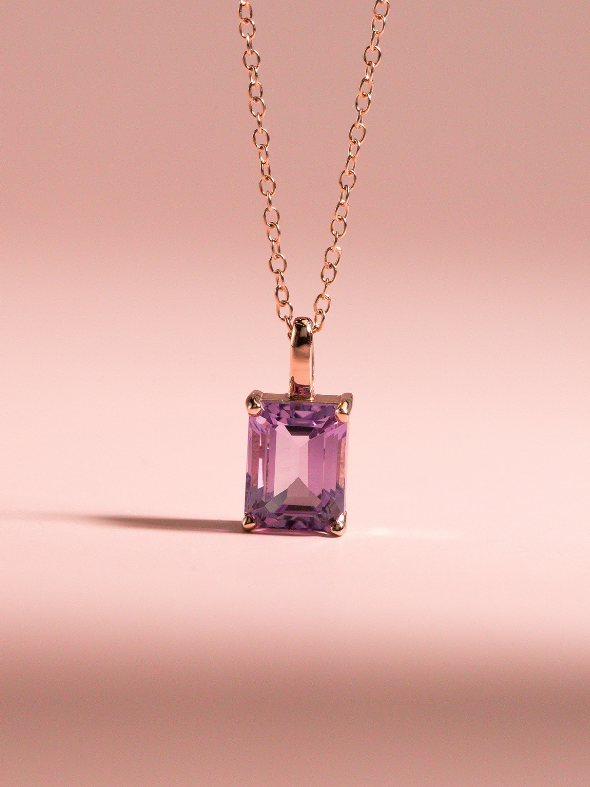 Lavender Amethyst Emerald Cut Pendant Necklace in 18k Rose Gold Vermeil