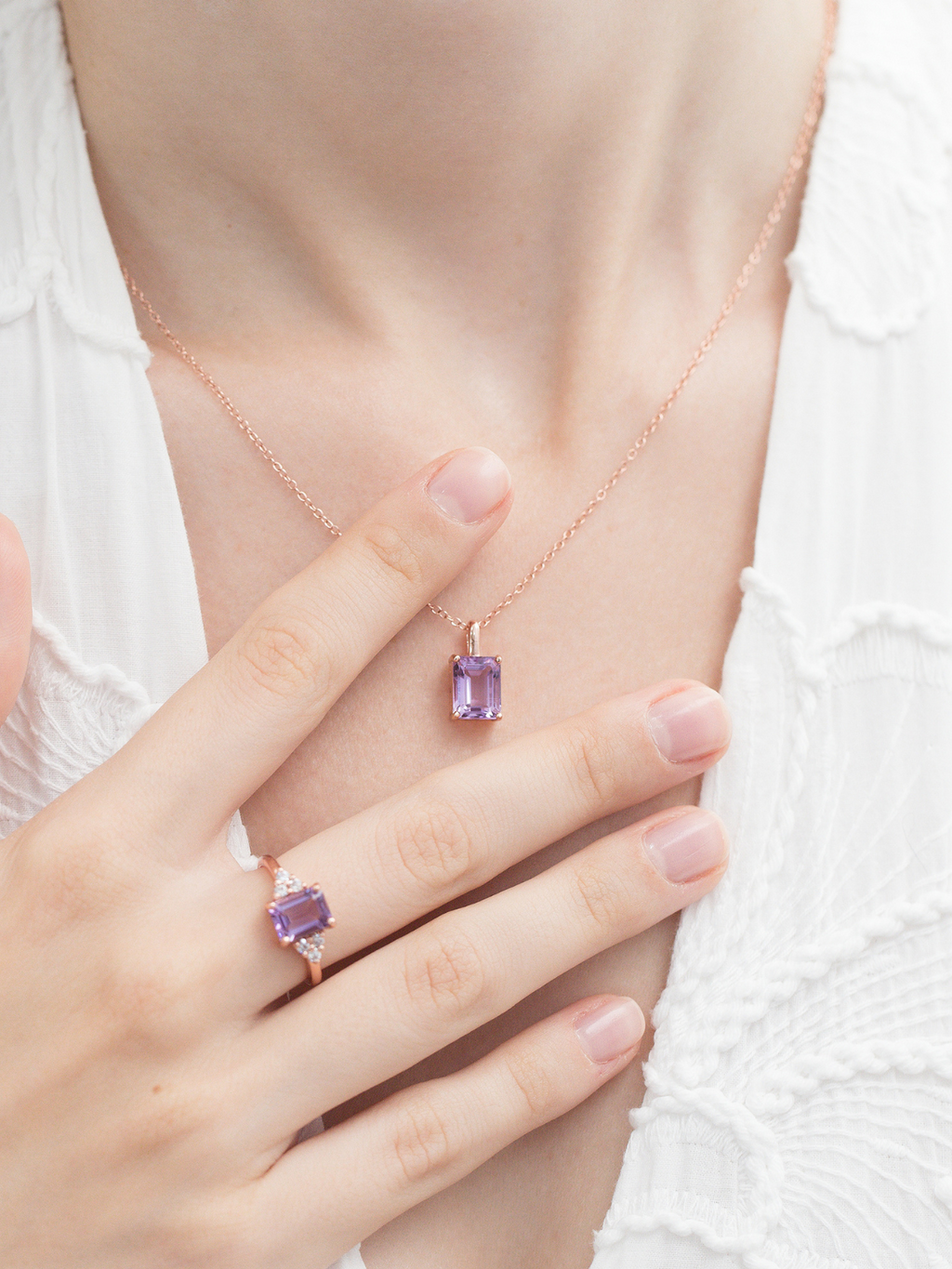 Lavender Amethyst Emerald Cut Pendant Necklace in 18k Rose Gold Vermeil