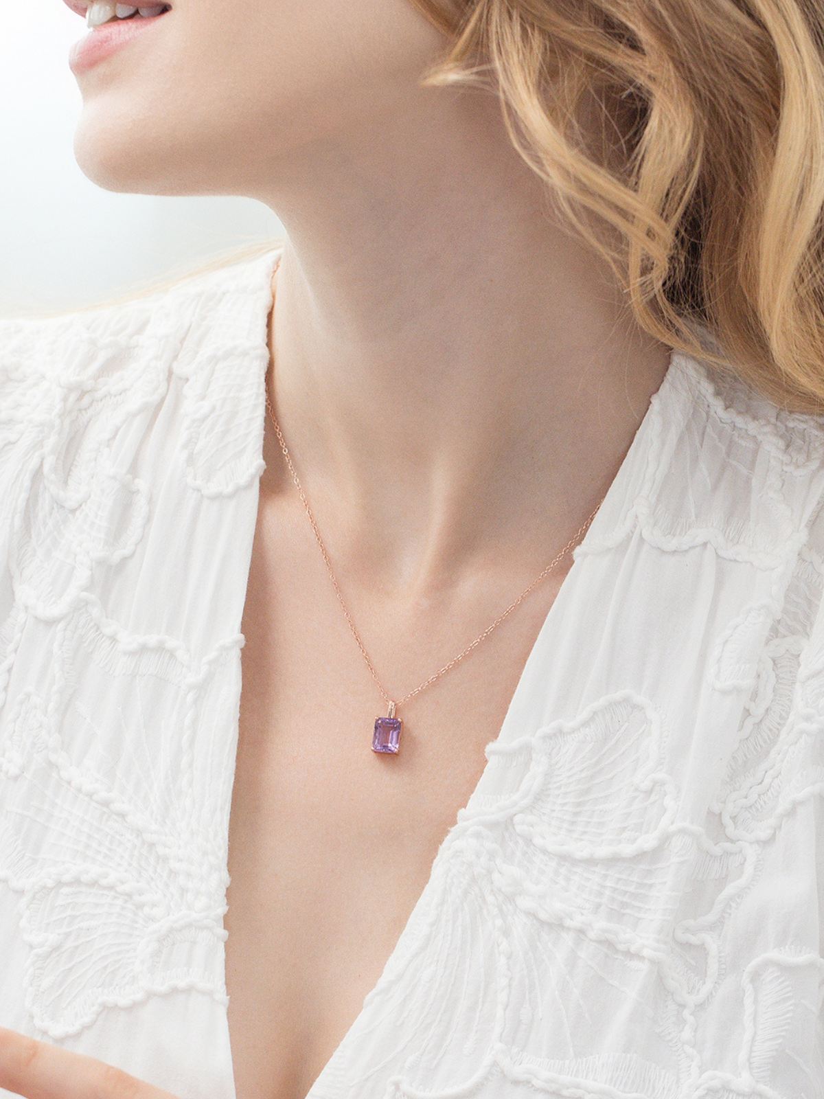 Lavender Amethyst Emerald Cut Pendant Necklace in 18k Rose Gold Vermeil