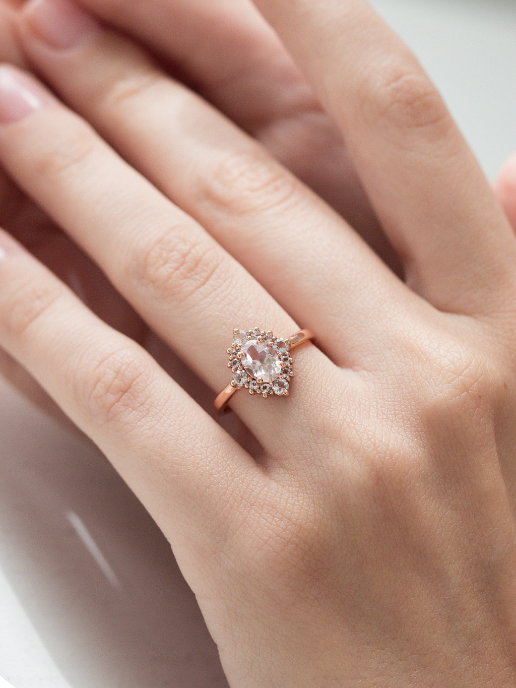 Pink Morganite Halo Ring in 18k Rose Vermeil